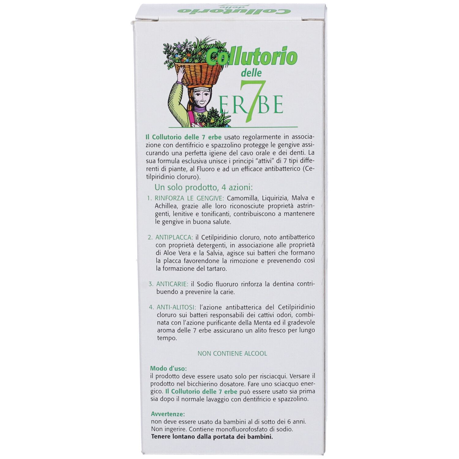 Scatola bianca con testo. Nome del prodotto e descrizione degli ingredienti e dell'uso.