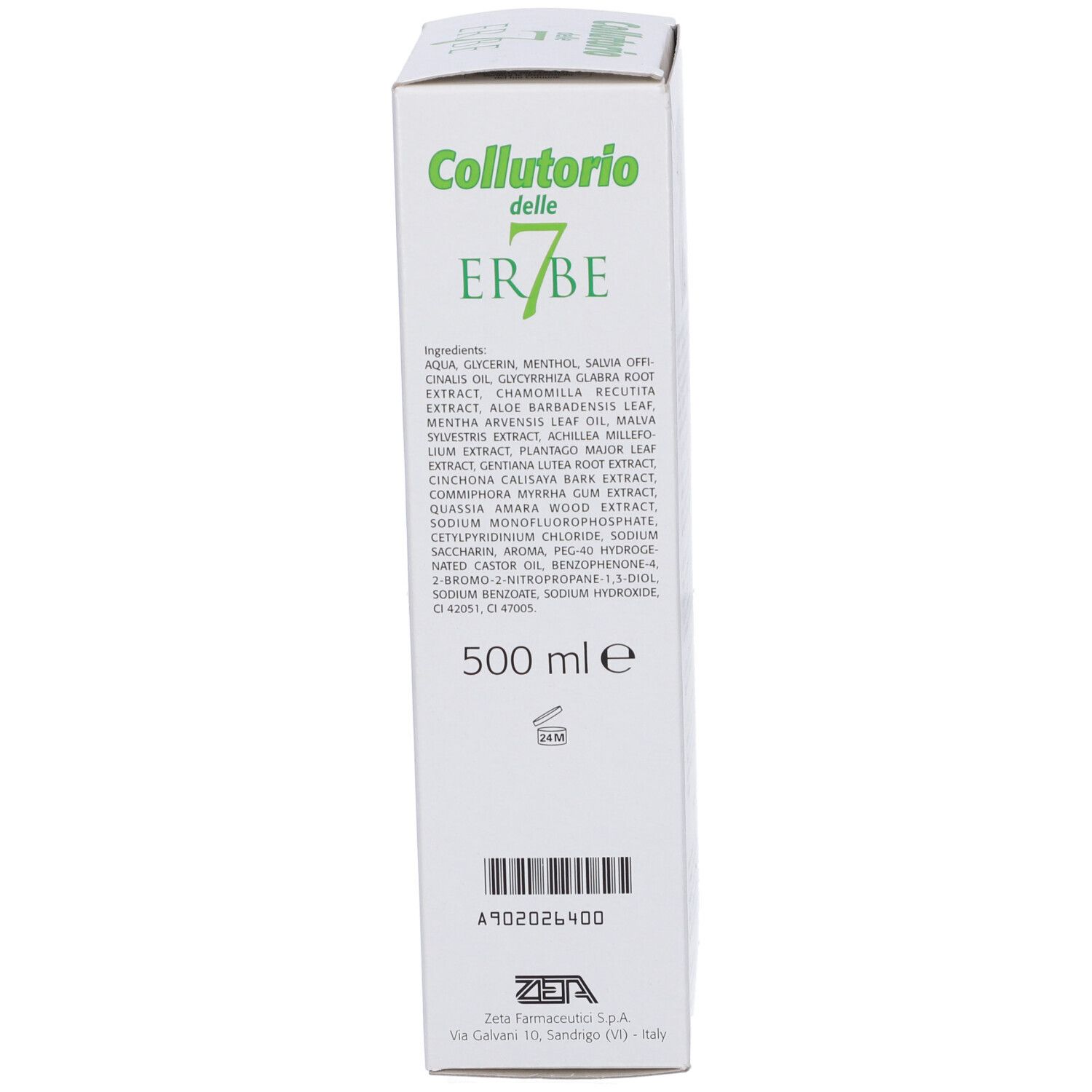 Scatola bianca con testo. Nome del prodotto, ingredienti e indicazione del volume: 500 ml.