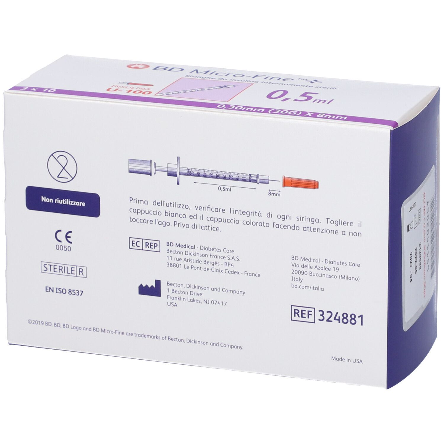 BD Micro-Fine™+ Siringhe per insulina 0,5 ml 0,30 mm (30G) x 8 mm