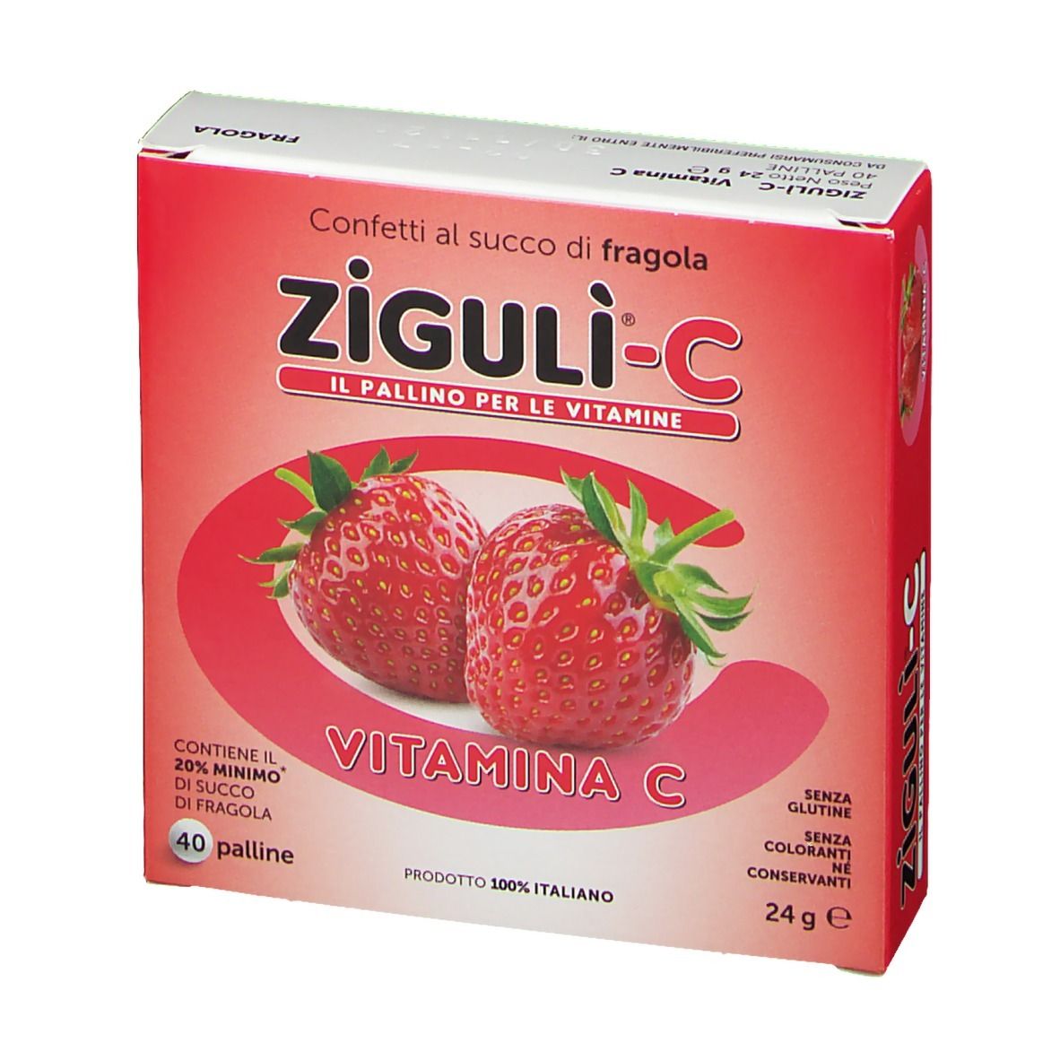 Vista frontale della confezione Ziguli-C. Scatola rossa con nome, fragole e testo.