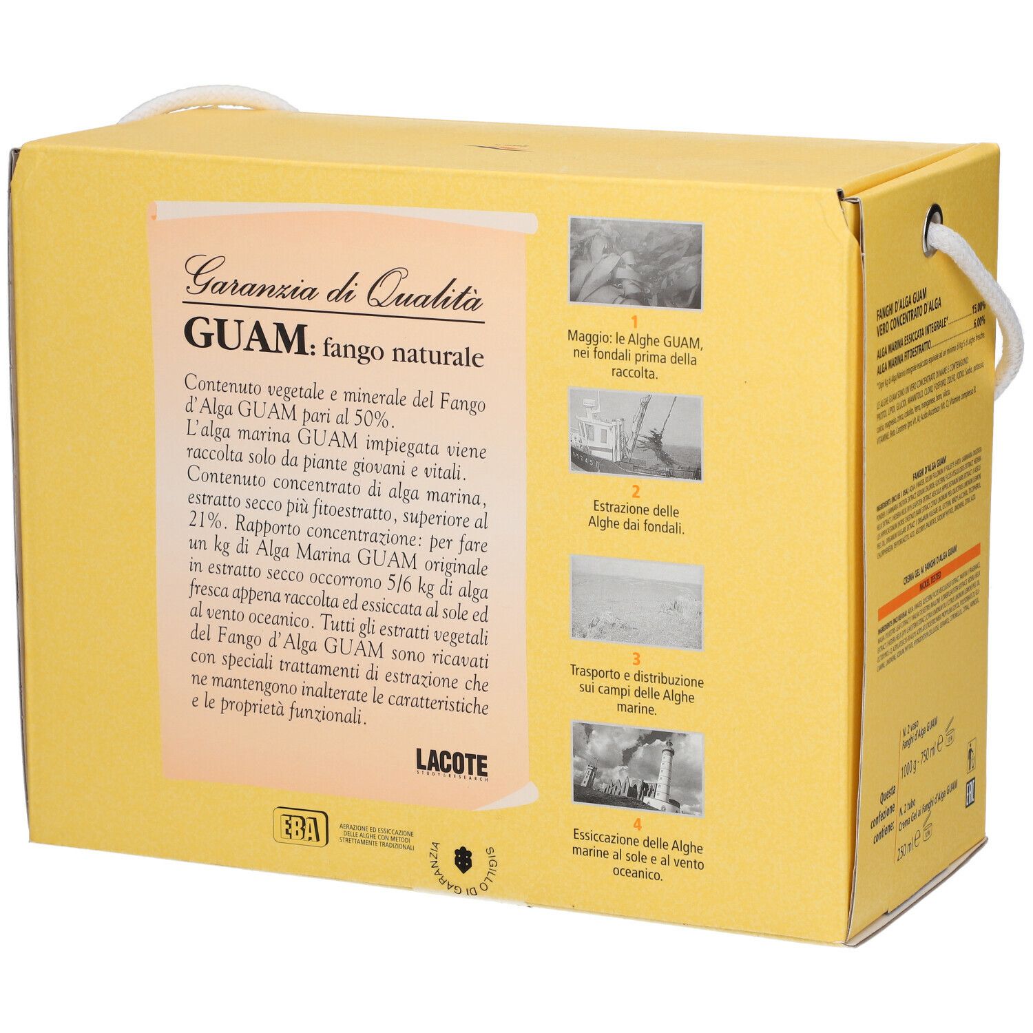 Confezione prodotto gialla con manico bianco. Testo: 'GUAM', 'fango naturale'. Illustrazioni di alghe.