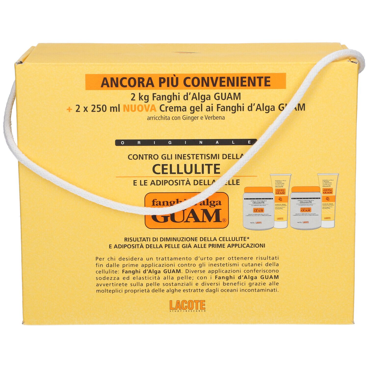 Confezione prodotto gialla con manico bianco. Testo: 'GUAM', 'Cellulite'. Illustrazioni del prodotto.