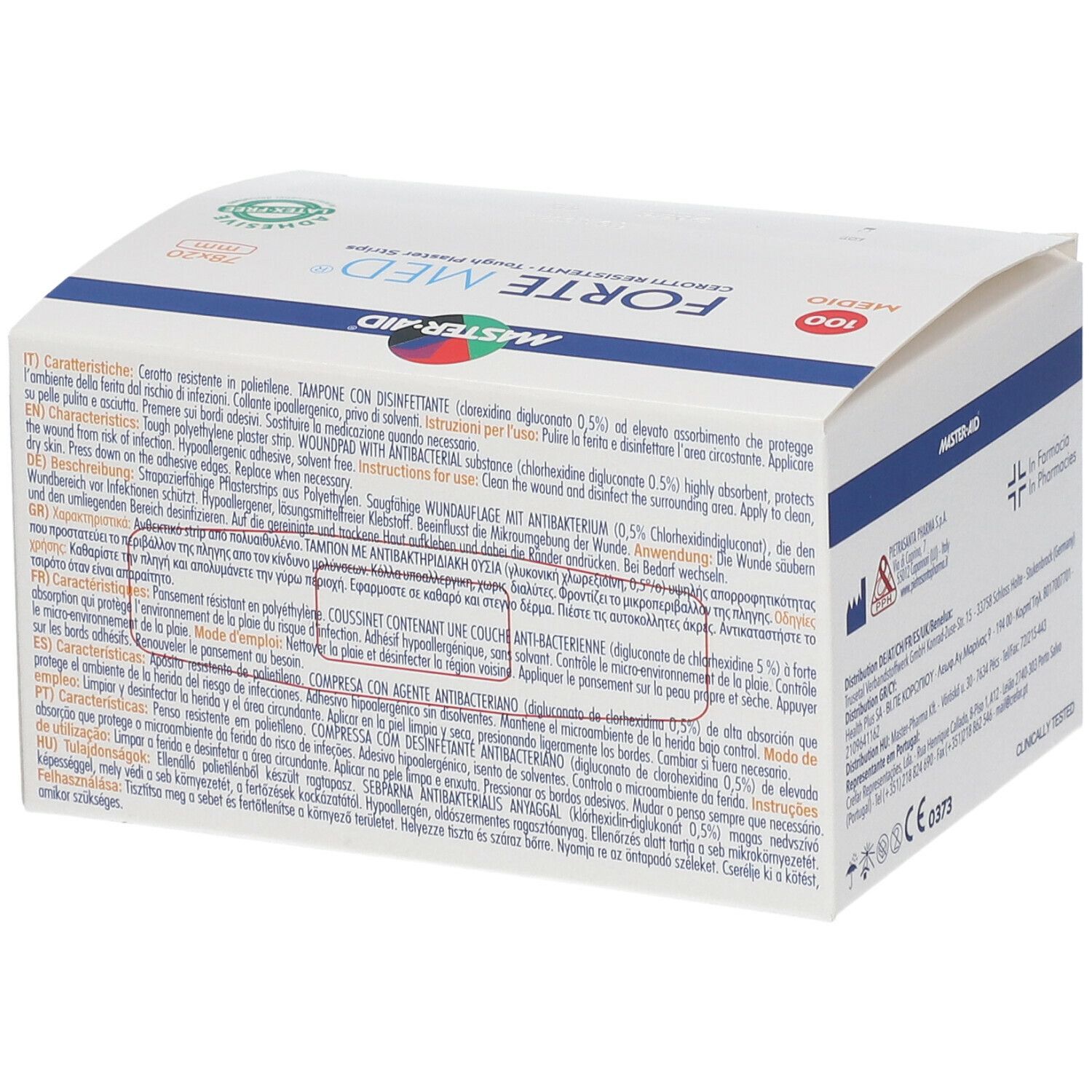 Confezione di cerotti Master Aid Forte Med. Contiene 100 pezzi, dimensioni 78x20mm. Con tampone antibatterico.