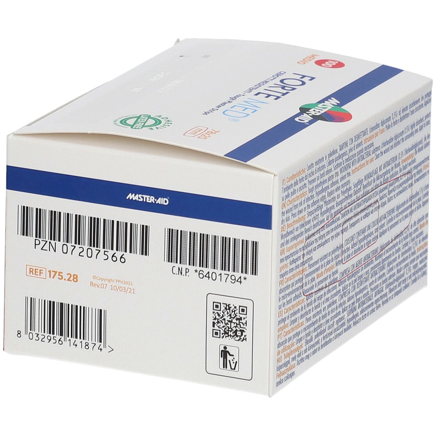 Confezione di cerotti Master Aid Forte Med. Contiene codici a barre e informazioni sul prodotto. Con codice QR.