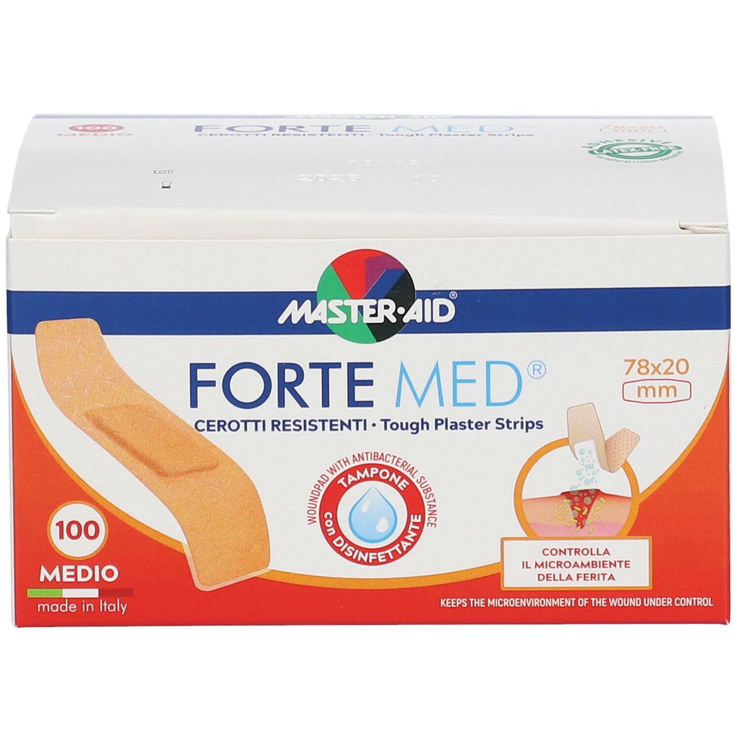 Confezione di cerotti Master Aid Forte Med. Contiene 100 pezzi, dimensioni 78x20mm. Con tampone antibatterico.