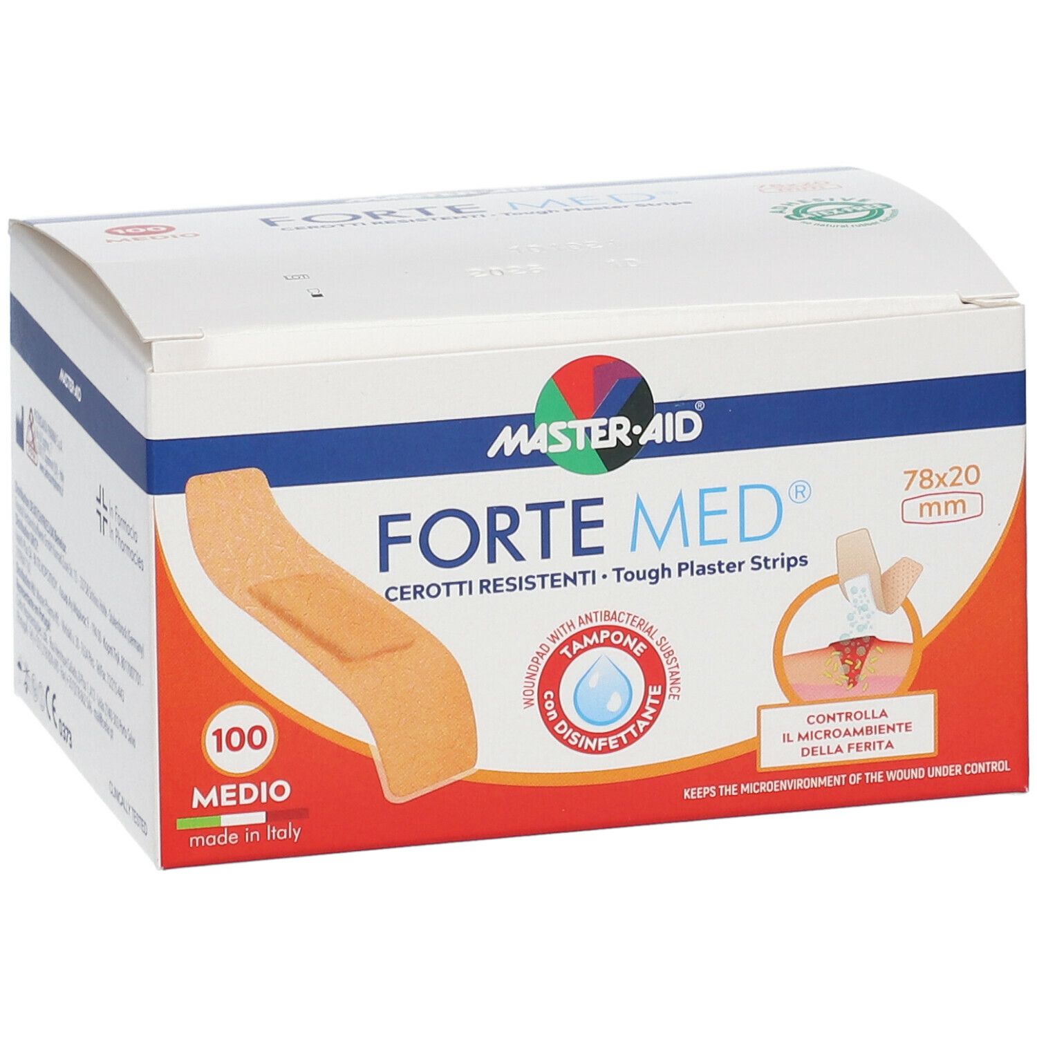 Confezione di cerotti Master Aid Forte Med. Contiene 100 pezzi, dimensioni 78x20mm. Con tampone antibatterico.