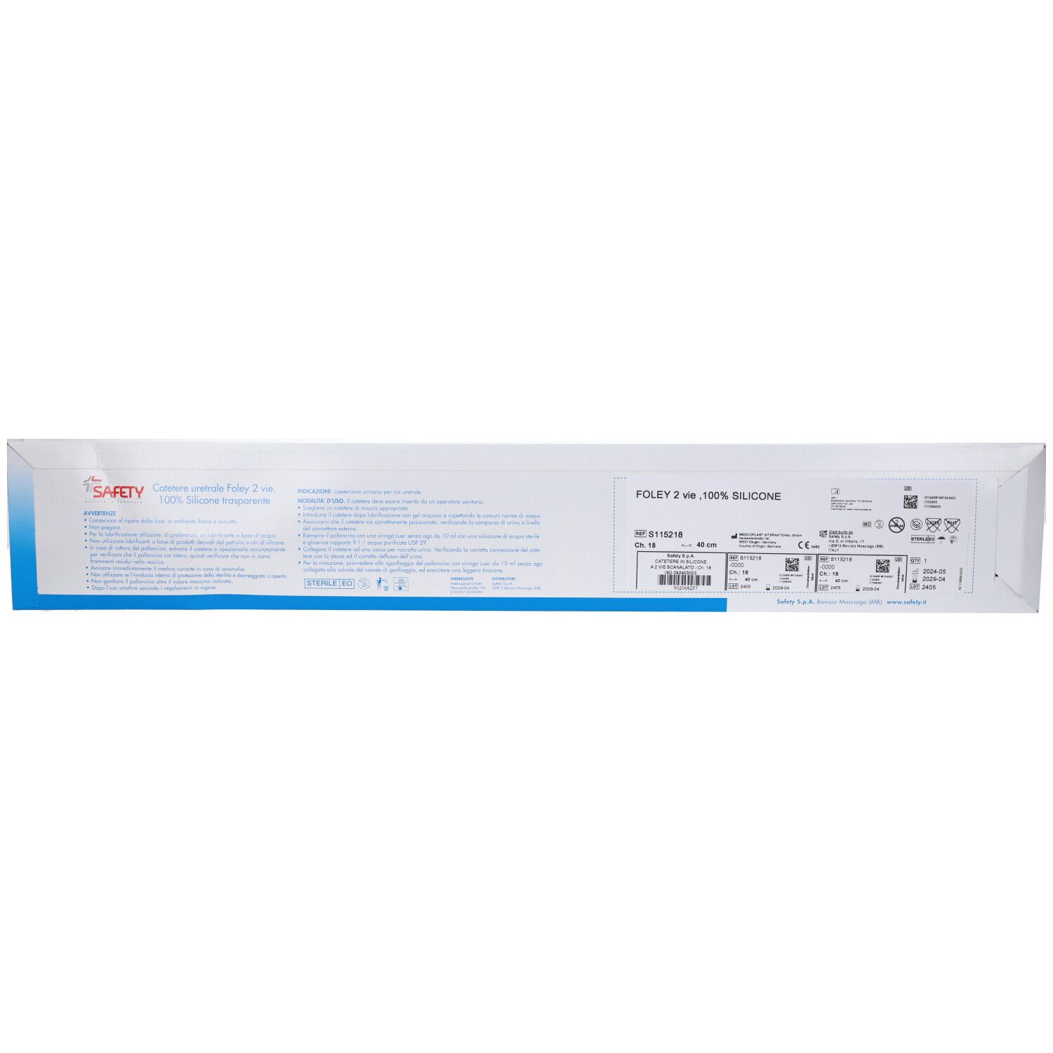 Confezione con testo e logo Safety. Informazioni sul prodotto e dati tecnici. Foley 2 vie, 100% Silicone.