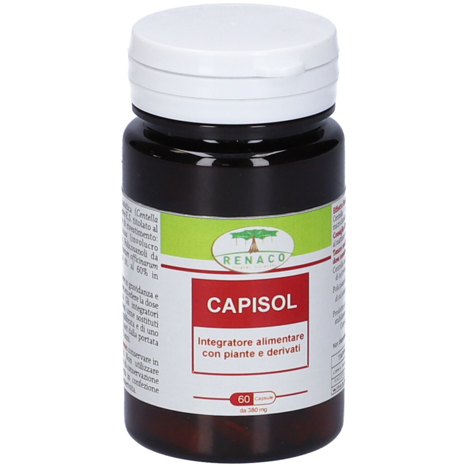 Flacone marrone con tappo bianco. Etichetta con nome CAPISOL e logo. 60 capsule.