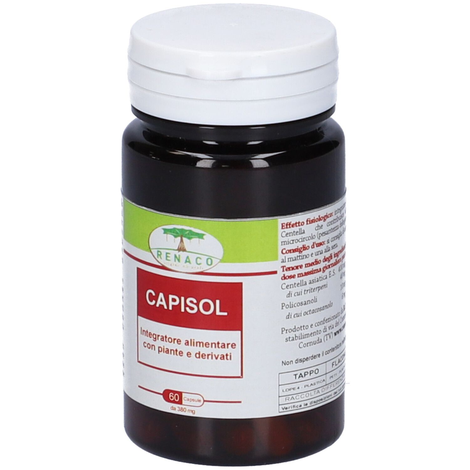 Flacone marrone con tappo bianco. Etichetta con nome CAPISOL e logo. 60 capsule.