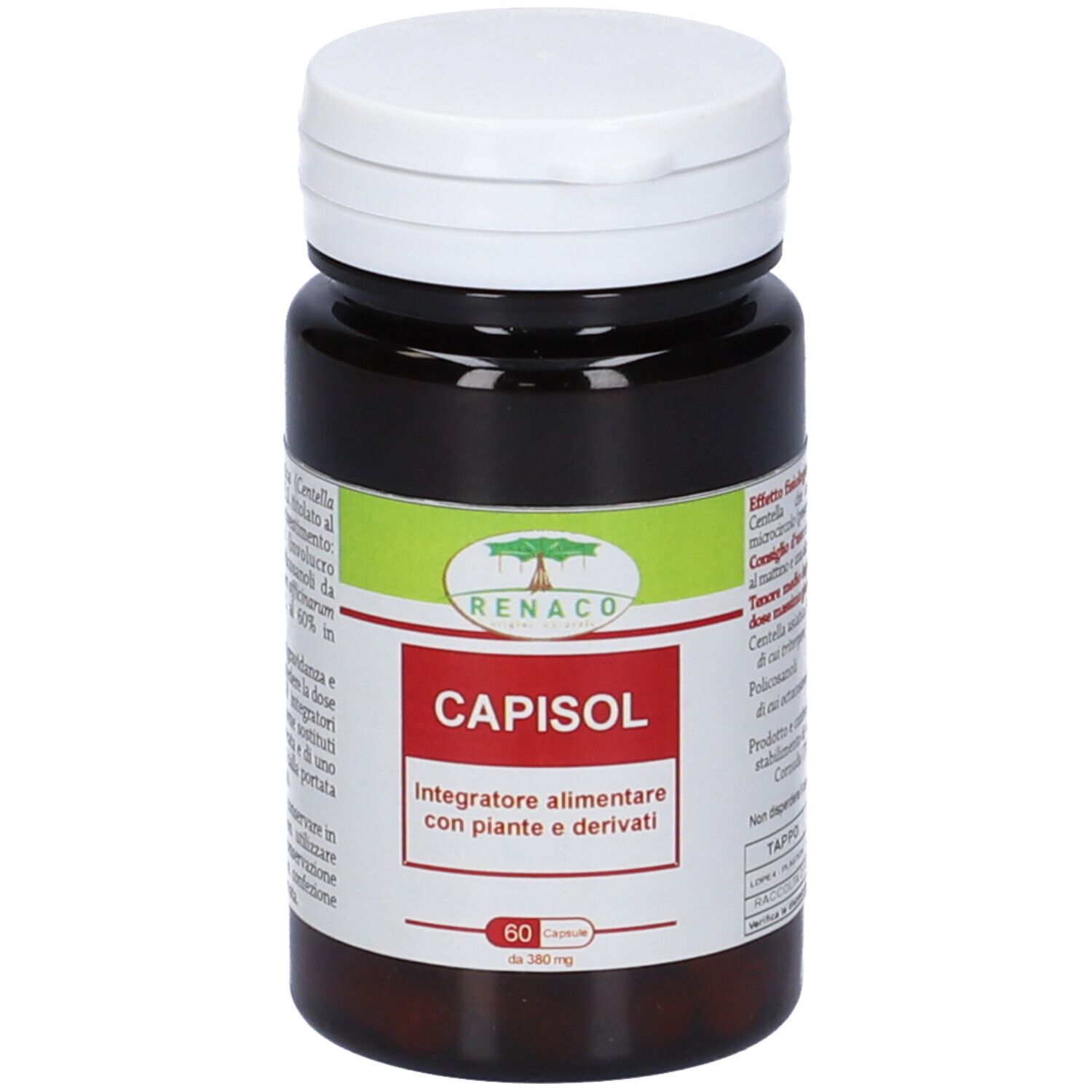 Flacone marrone con tappo bianco. Etichetta con nome CAPISOL e logo. 60 capsule.