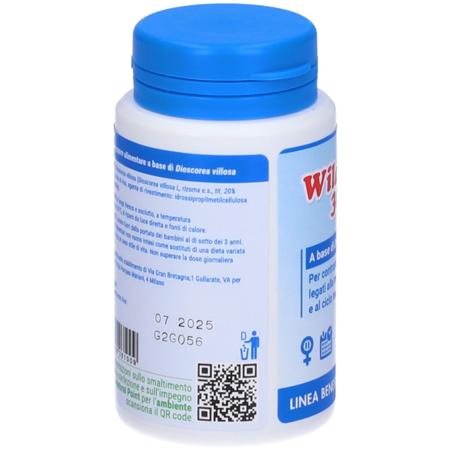 Retro del flacone bianco con tappo blu. Testo in italiano. Codice QR e data di scadenza visibili.