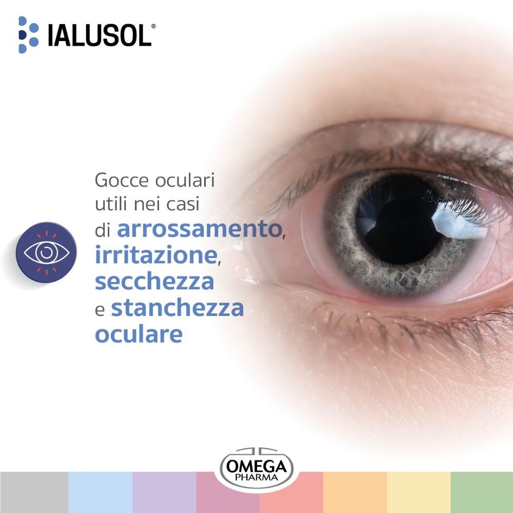 Occhio con testo: Gocce oculari utili nei casi di arrossamento, irritazione, secchezza e stanchezza oculare. Marchio IALUSOL.