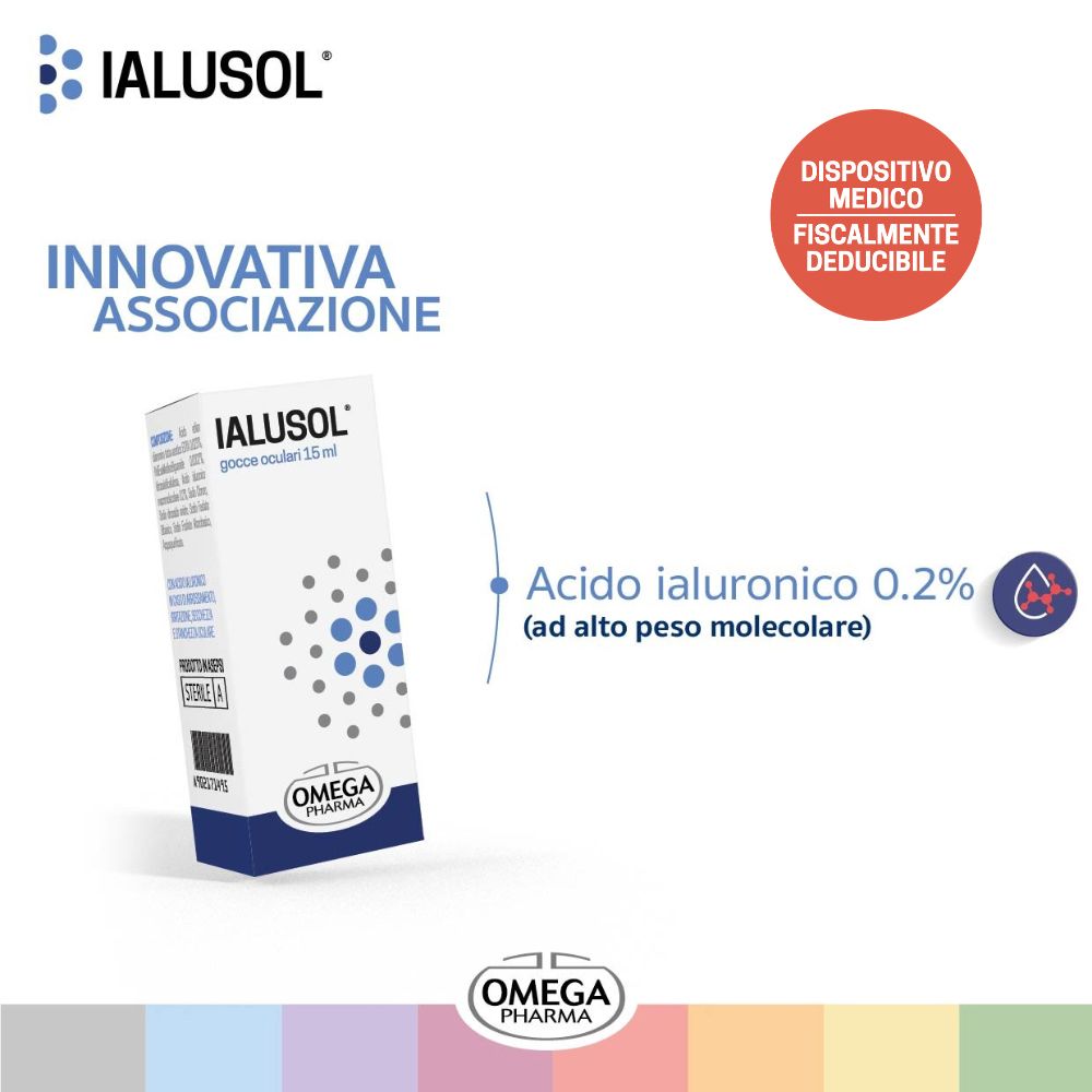 Scatola con testo: IALUSOL, gocce oculari 15 ml. Innovativa Associazione. Contiene acido ialuronico 0,2%. Marchio OMEGA PHARMA.