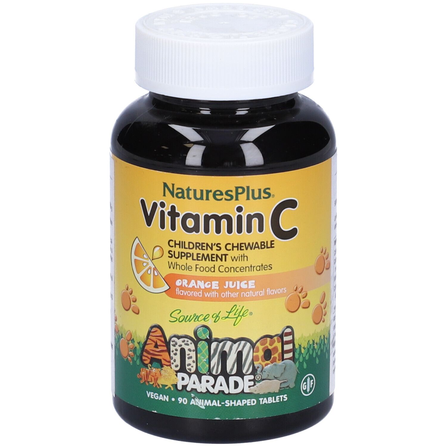 Flacone marrone di compresse di vitamina C. Etichetta gialla con testo e simbolo di arancia. Marca: Animal Parade.