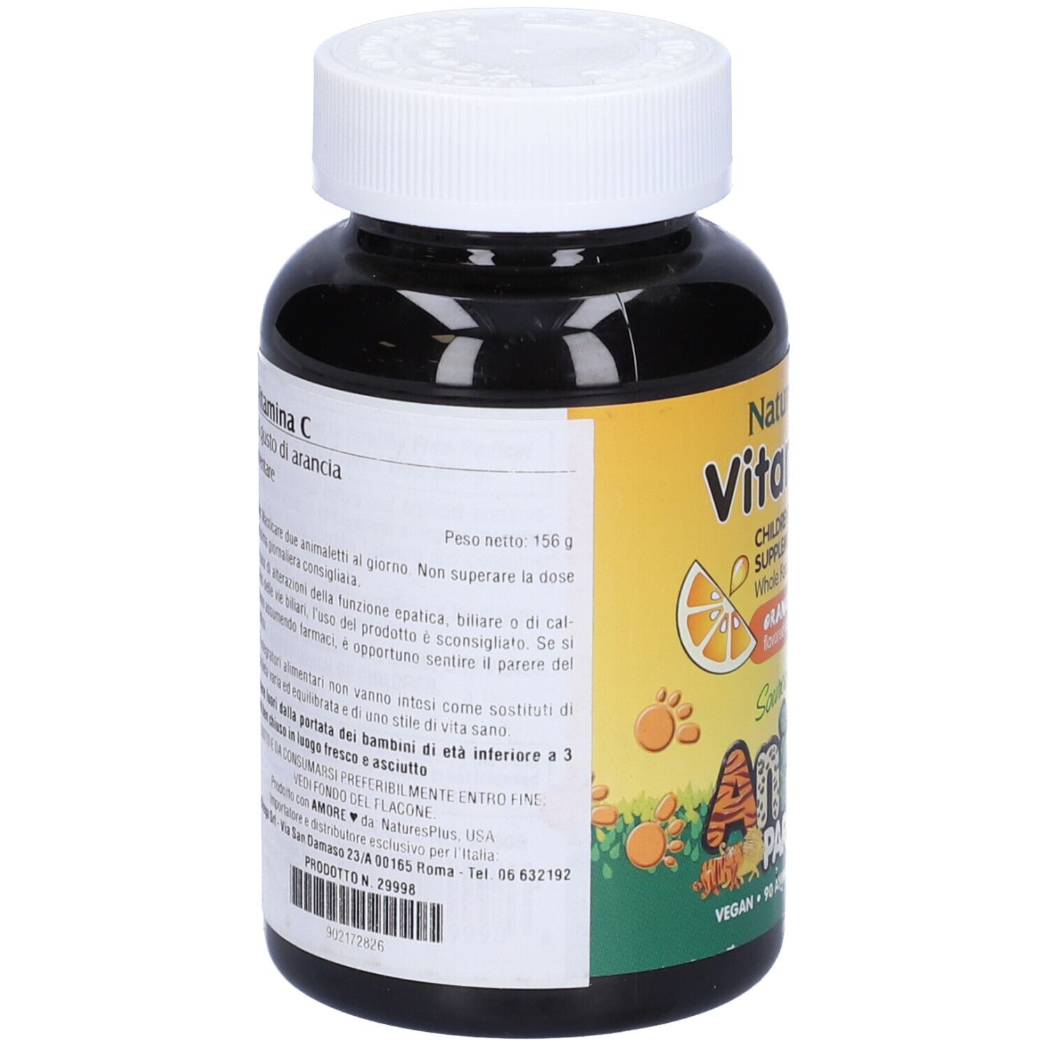 Retro del flacone di vitamina C. Testo in italiano. Contiene informazioni sugli ingredienti e il dosaggio.