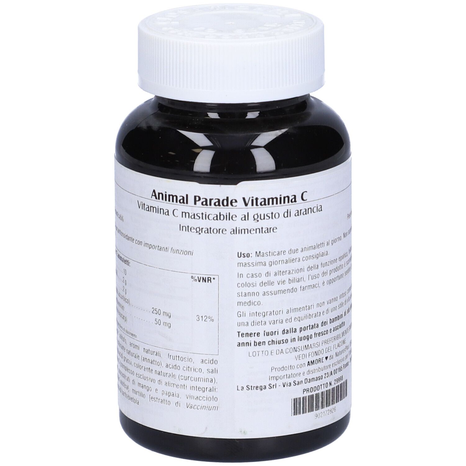 Retro del flacone di vitamina C. Testo in italiano. Contiene informazioni sugli ingredienti e il dosaggio.