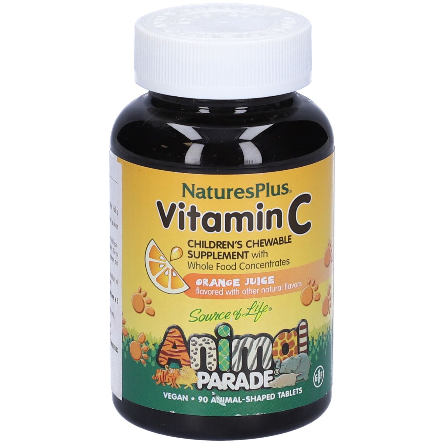 Flacone marrone di compresse di vitamina C. Etichetta gialla con testo e simbolo di arancia. Marca: Animal Parade.