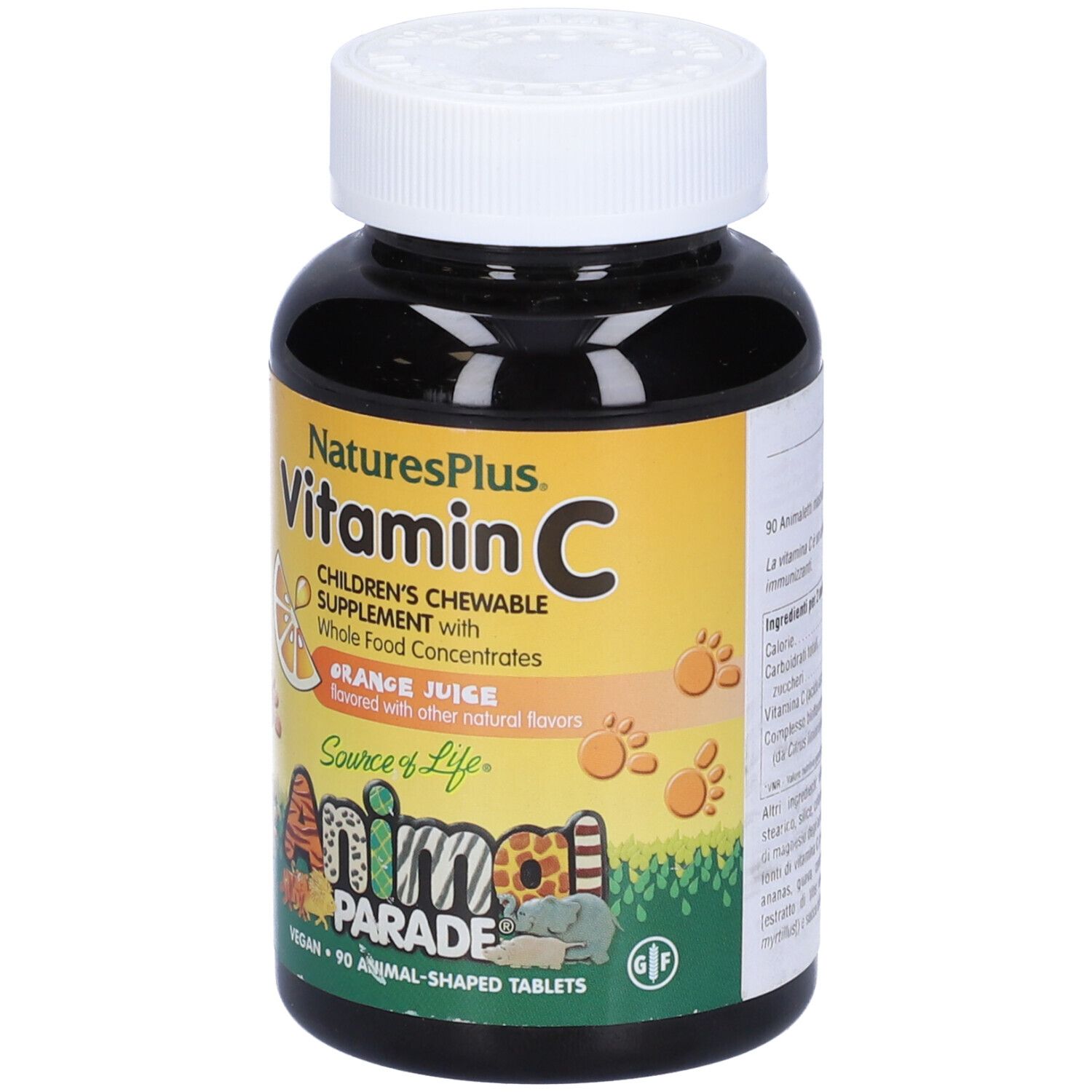 Flacone marrone di compresse di vitamina C. Etichetta gialla con testo e simbolo di arancia. Marca: Animal Parade.