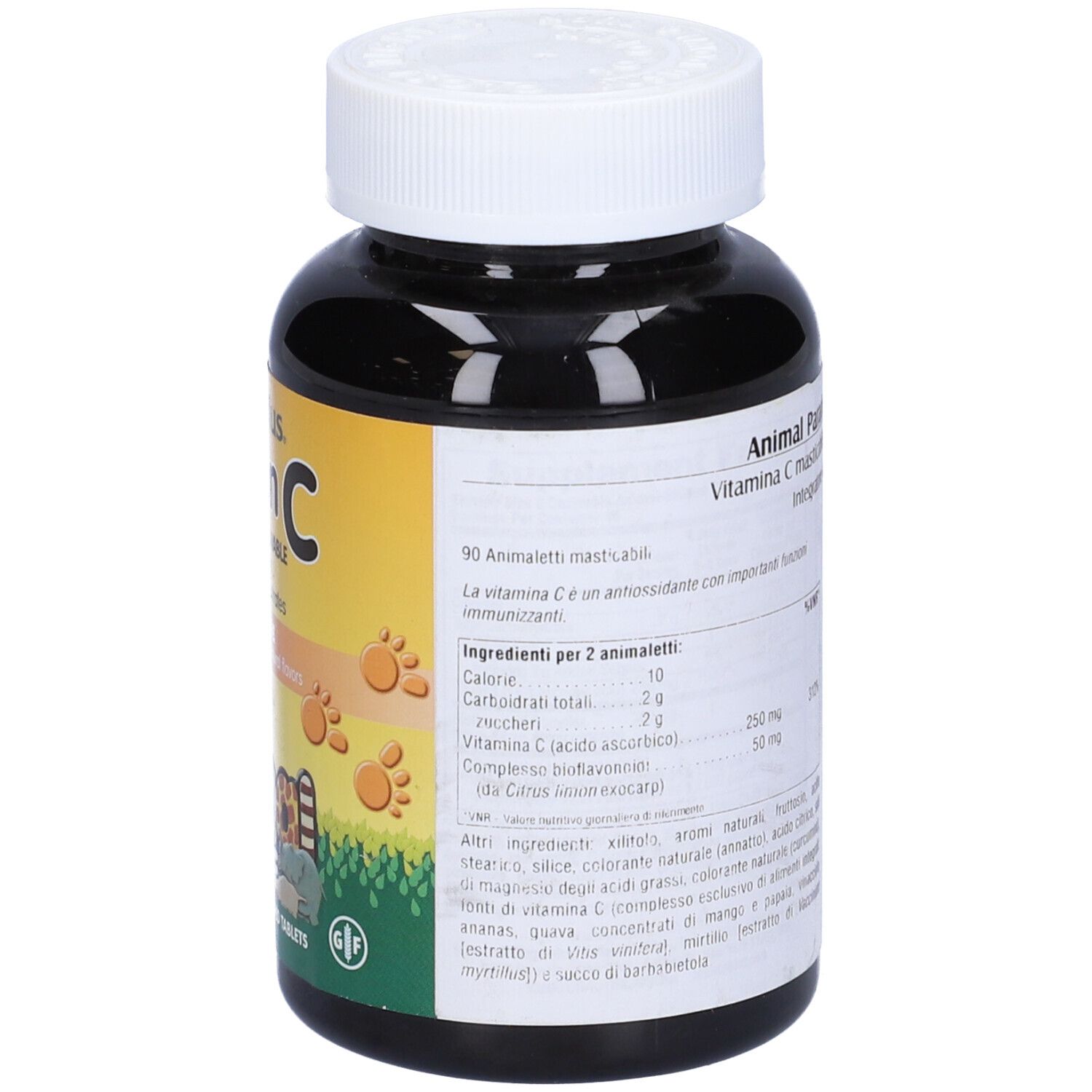 Retro del flacone di vitamina C. Testo in italiano. Contiene informazioni sugli ingredienti e il dosaggio.