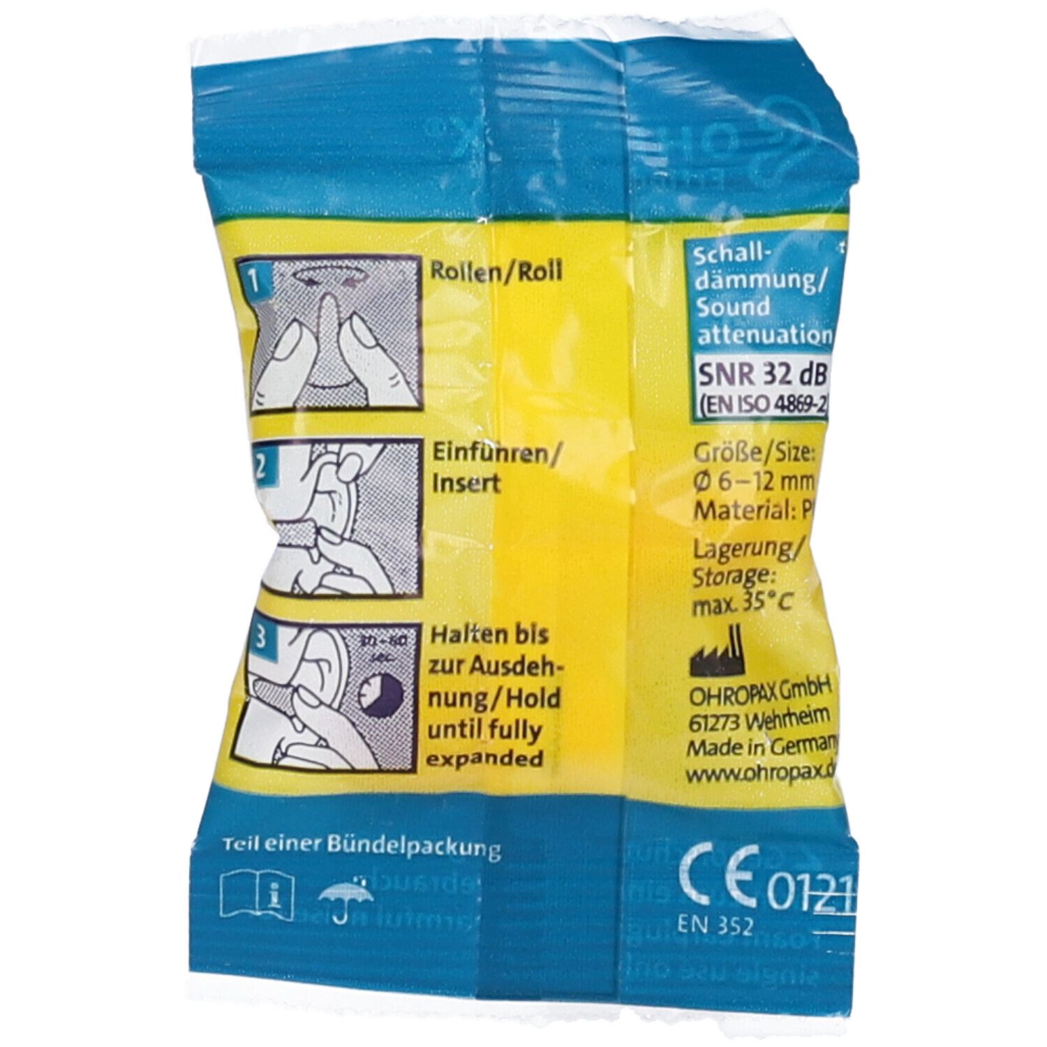 Retro della confezione di plastica. Illustrazioni per l'uso. Testo: SNR 32 dB, dimensioni 6-12 mm, materiale: PU. Marchio CE.