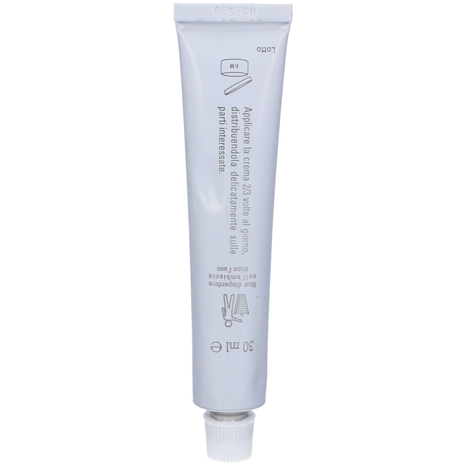 Tubo bianco con testo e simboli. Tappo a vite. 30 ml. Nome del prodotto non visibile.