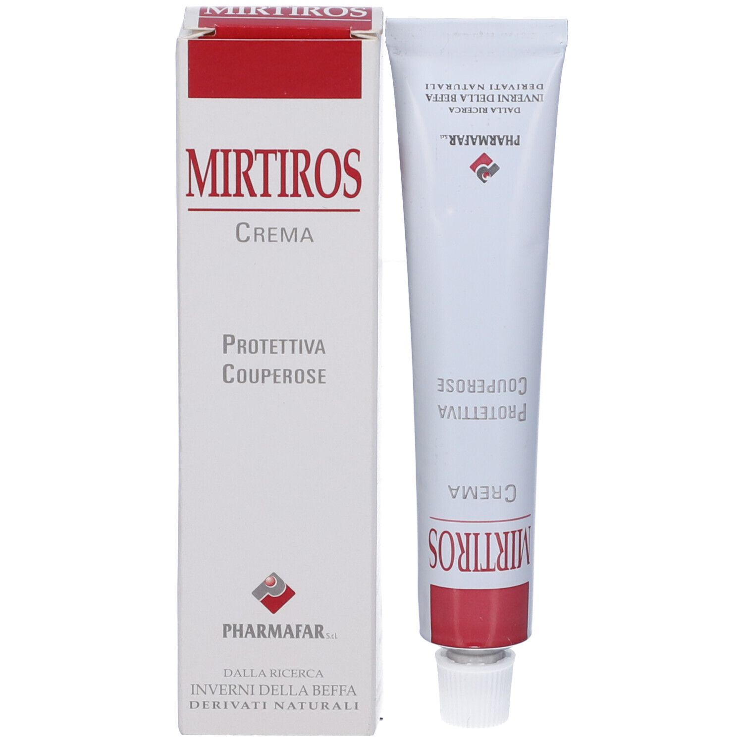 Confezione del prodotto con tubo. Scatola bianca con coperchio rosso. Nome del prodotto e marchio visibili.