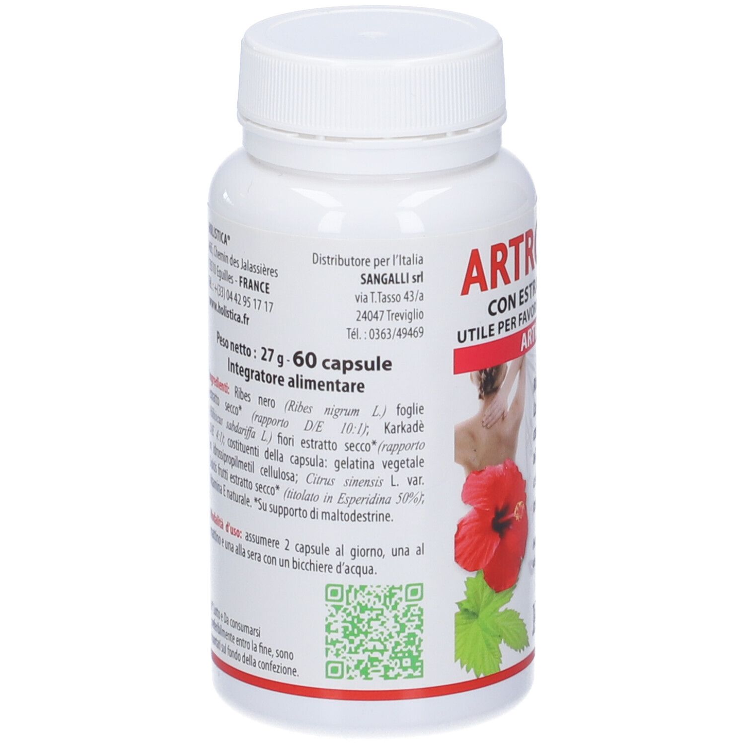 Retro del flacone bianco. Elenco ingredienti, codice QR e informazioni produttore. 60 capsule, 27g.