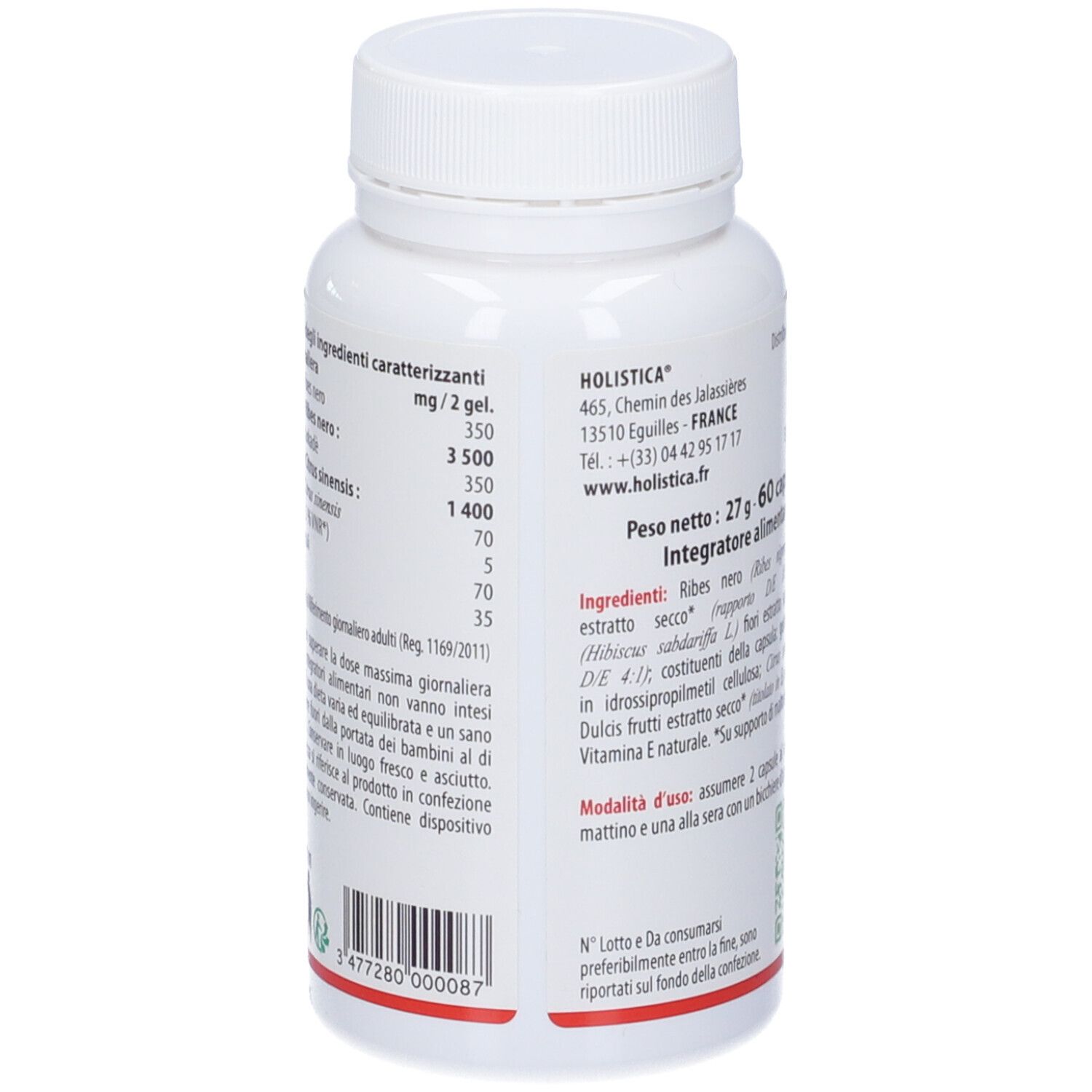 Retro del flacone bianco. Elenco ingredienti, informazioni produttore. 60 capsule, 27g.