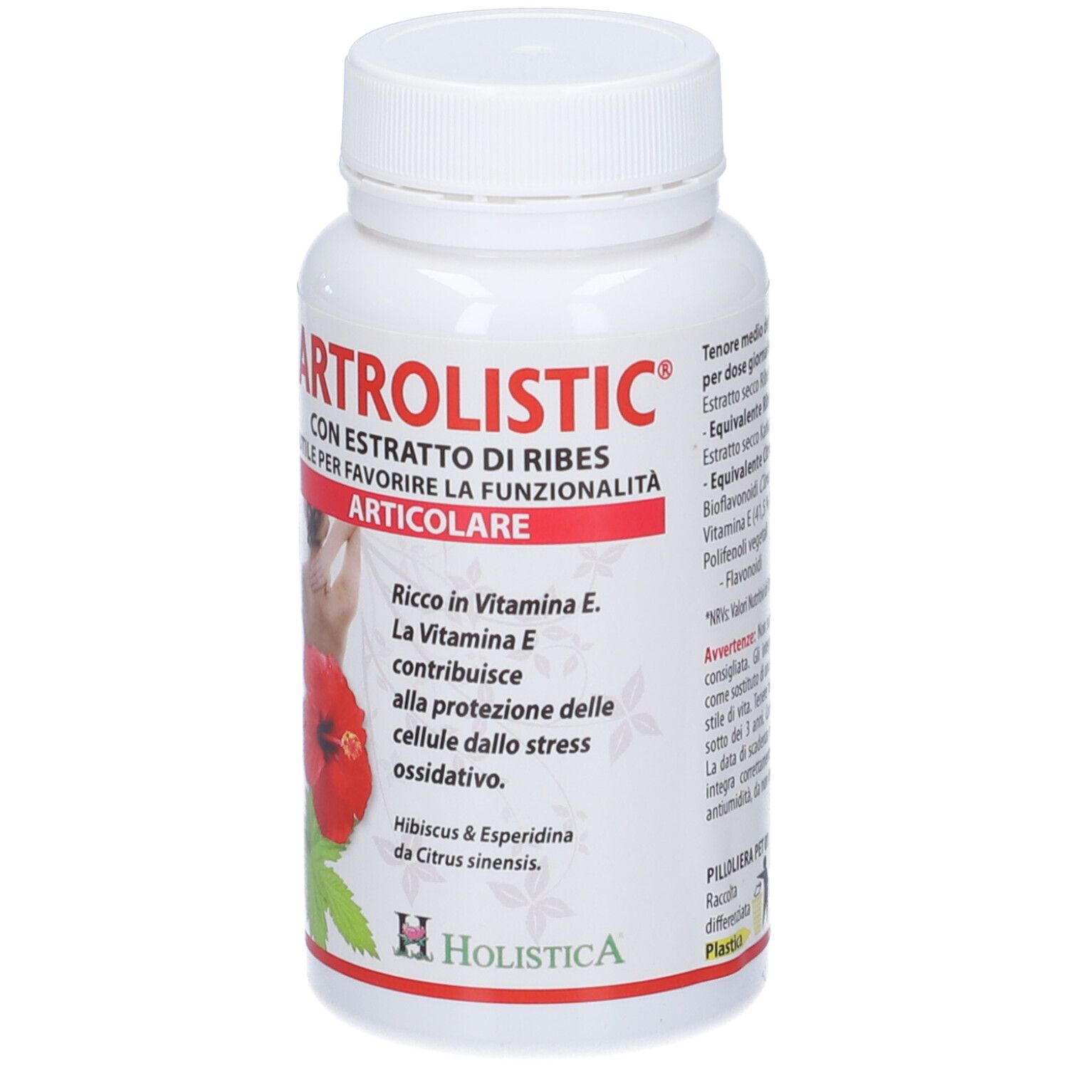 Flacone bianco di capsule Artrolistic con estratto di Ribes. Logo Holistica in basso. Testo sulla funzionalità articolare.