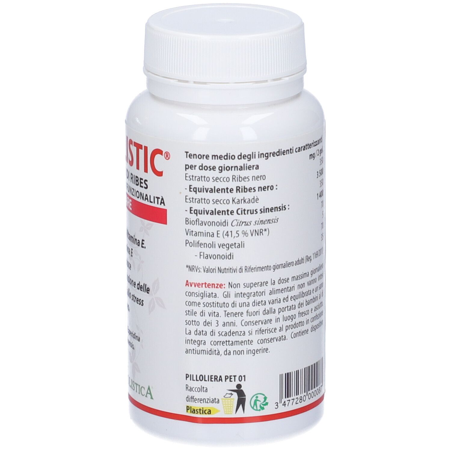 Retro del flacone bianco. Elenco ingredienti, informazioni produttore. 60 capsule, 27g.