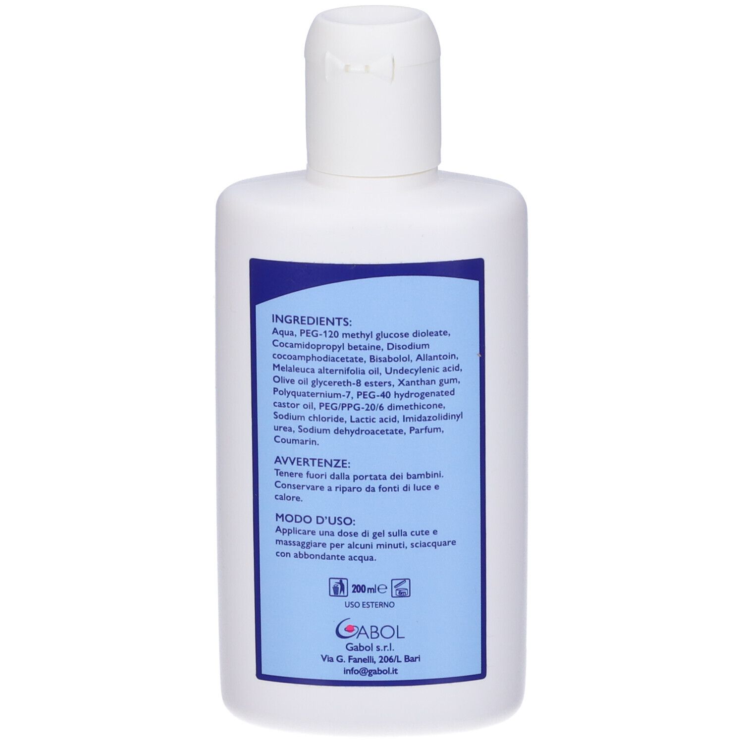 Retro del flacone Aknek Gel Detergente. Etichetta blu con ingredienti e istruzioni.