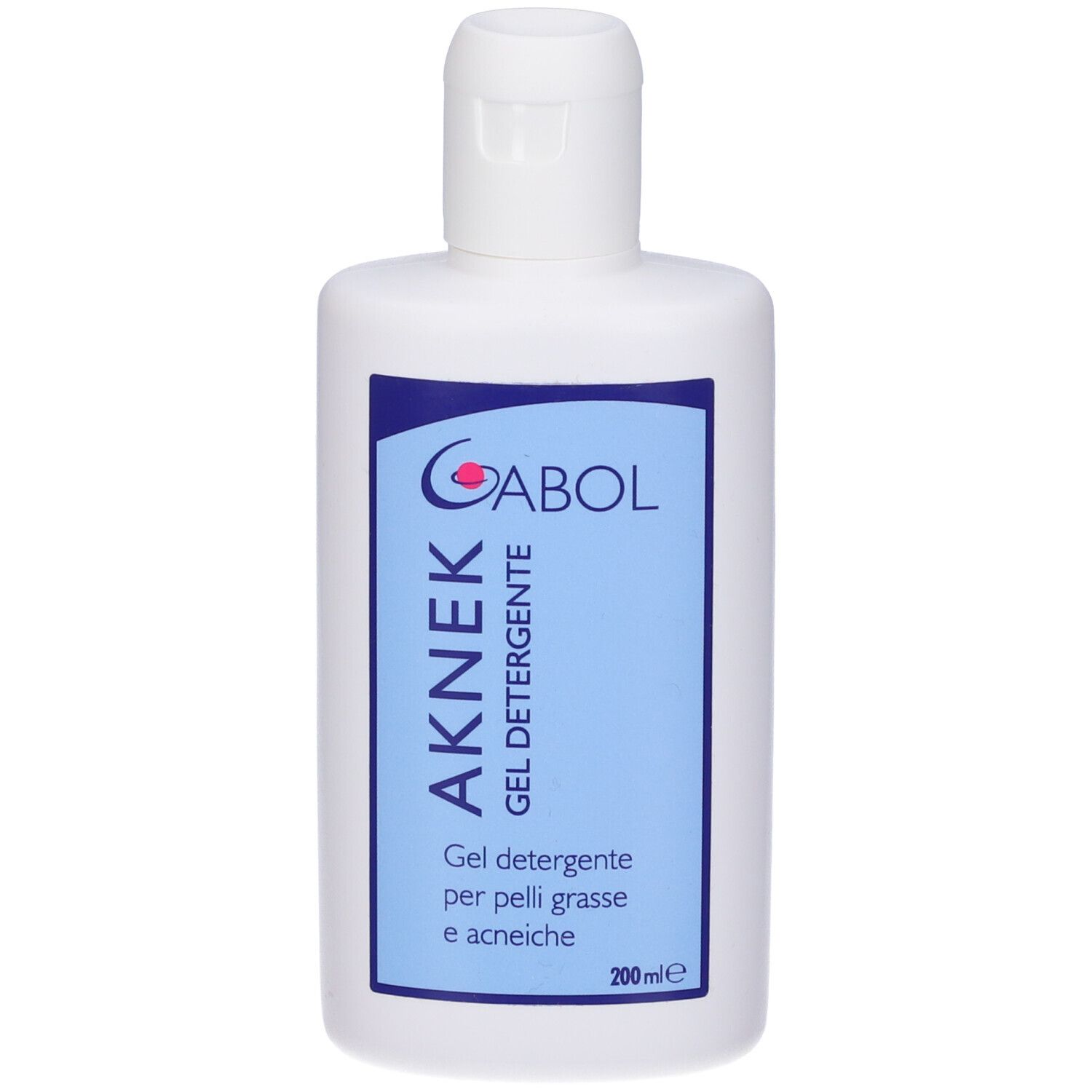 Flacone bianco Aknek Gel Detergente. Etichetta blu con nome e logo. Tappo bianco.