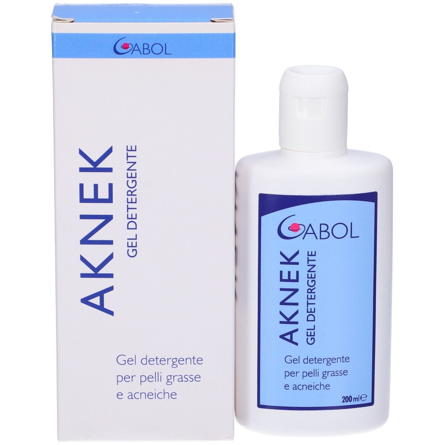 Flacone e confezione Aknek Gel Detergente. Flacone e scatola affiancati.