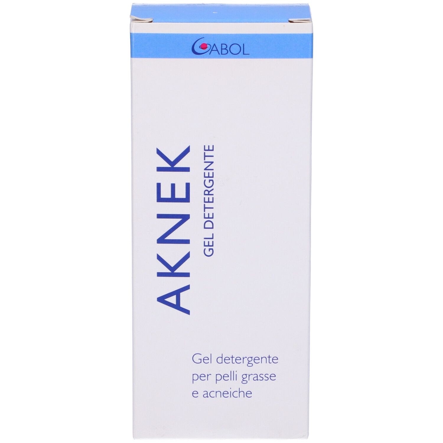 Confezione Aknek Gel Detergente. Scatola bianca con testo blu. Nome e logo del prodotto.