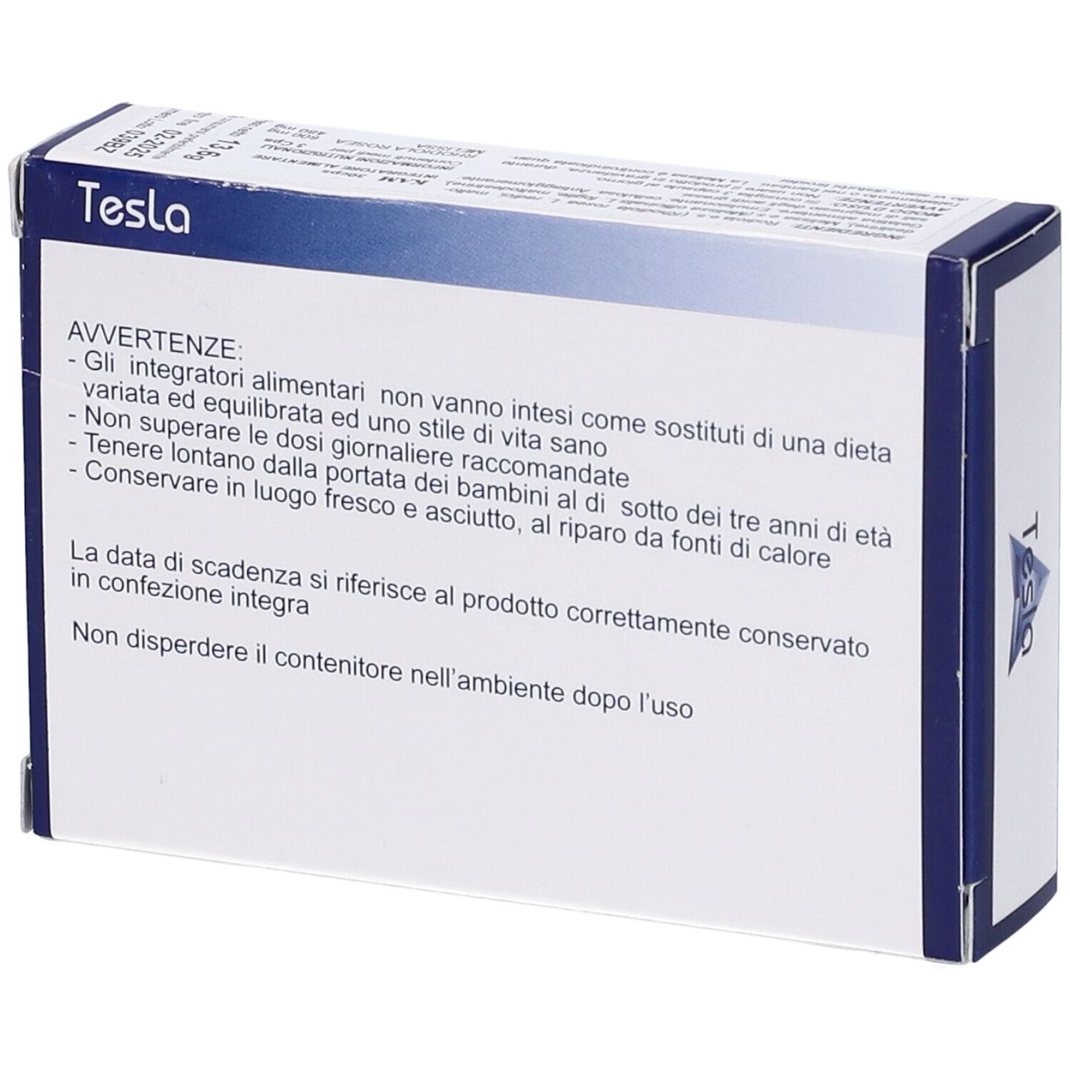 Retro della scatola bianca. Testo con avvertenze. Logo Tesla. Dettagli blu.