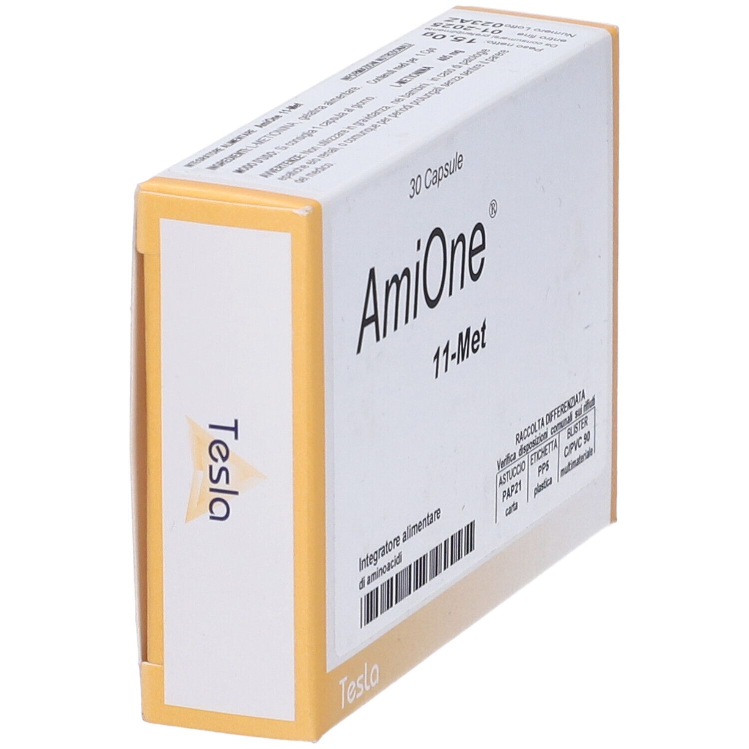 Scatola "AmiOne 11-Met" con 30 capsule. Bianca e gialla. Marchio Tesla. Testo in italiano.