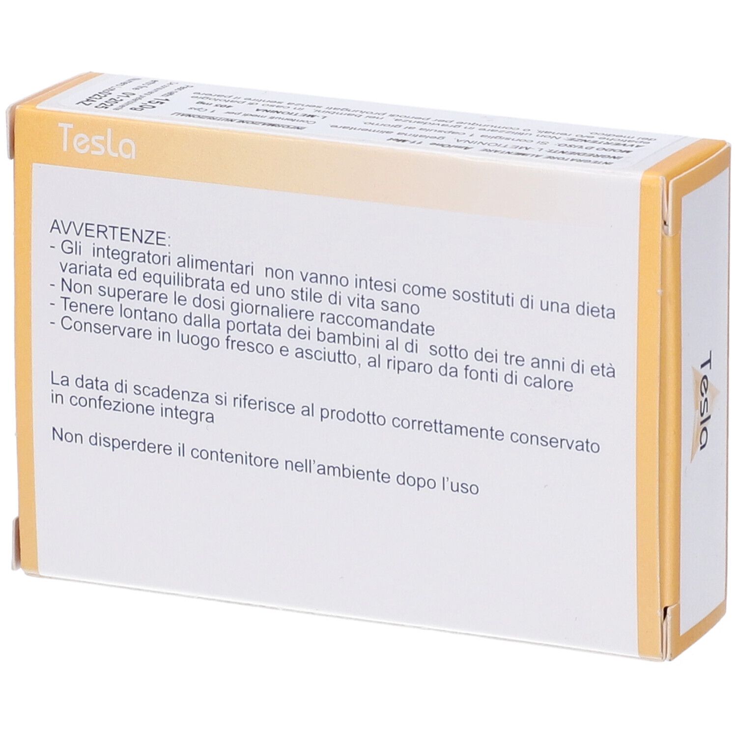 Retro della scatola "AmiOne". Testo in italiano. Avvertenze e informazioni sullo smaltimento.