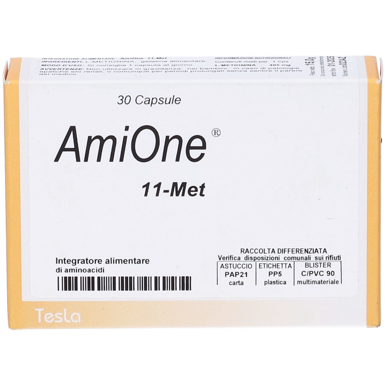 Scatola "AmiOne 11-Met" con 30 capsule. Bianca e gialla. Codice a barre e testo in italiano.