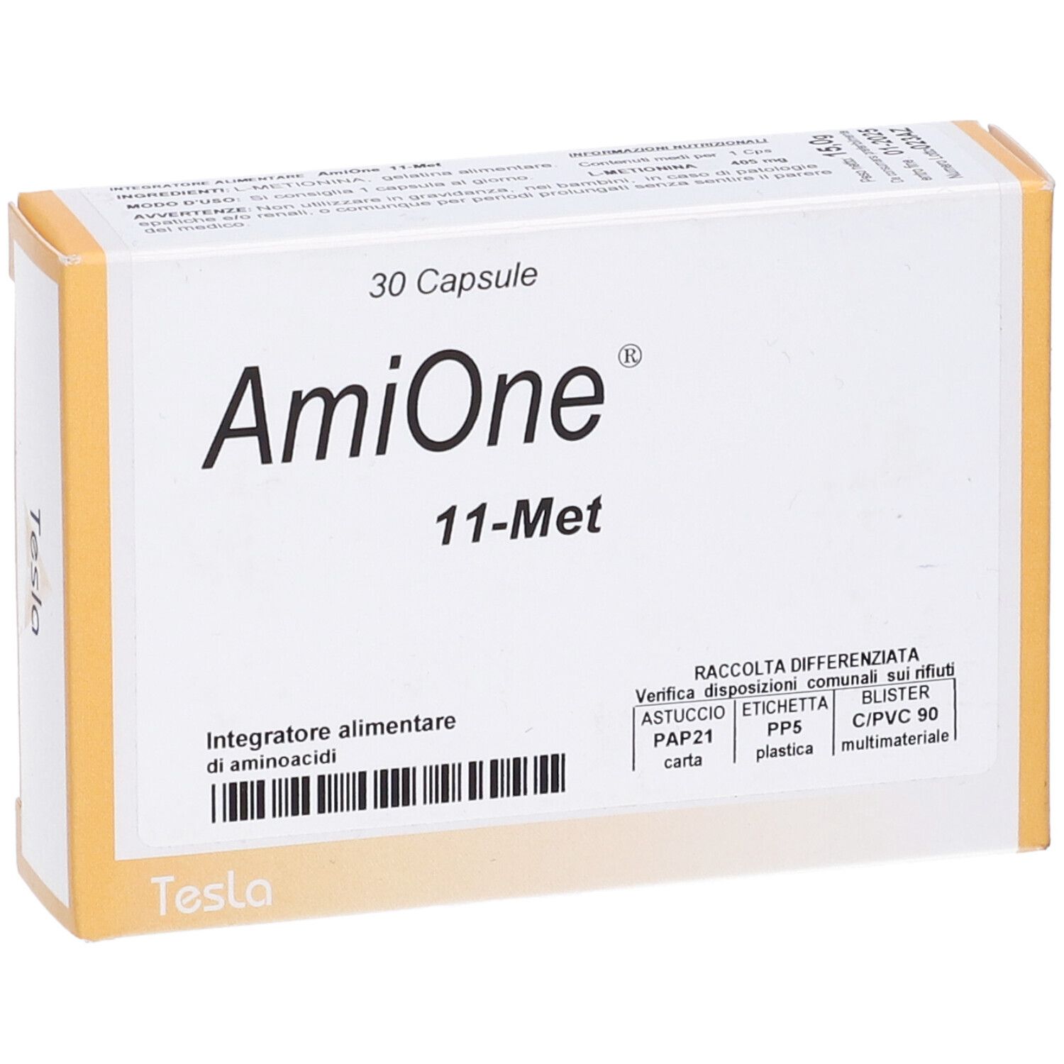Scatola "AmiOne 11-Met" con 30 capsule. Bianca e gialla. Testo in italiano. Marchio Tesla.