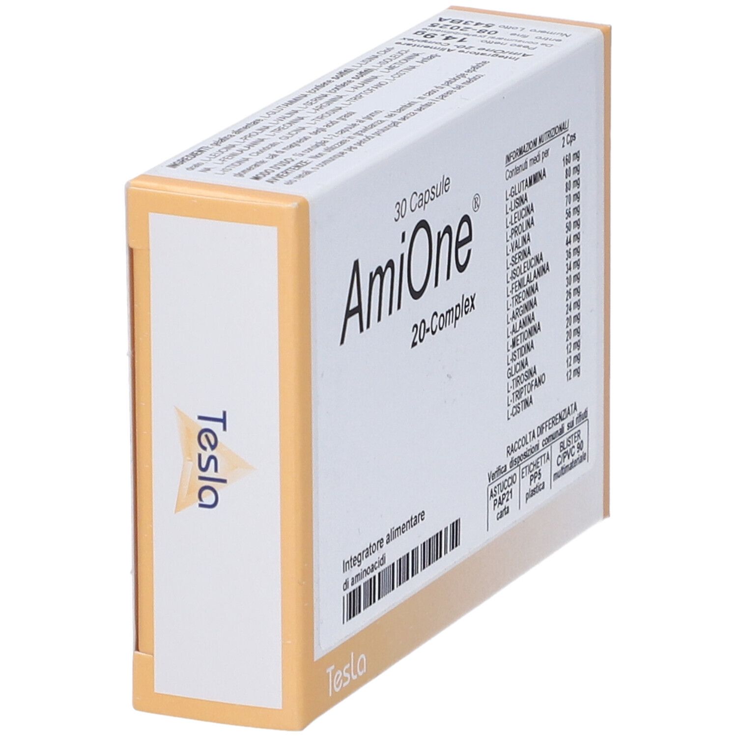 Vista obliqua della confezione Amione 20-Complex. Contiene 30 capsule. Marchio Tesla.