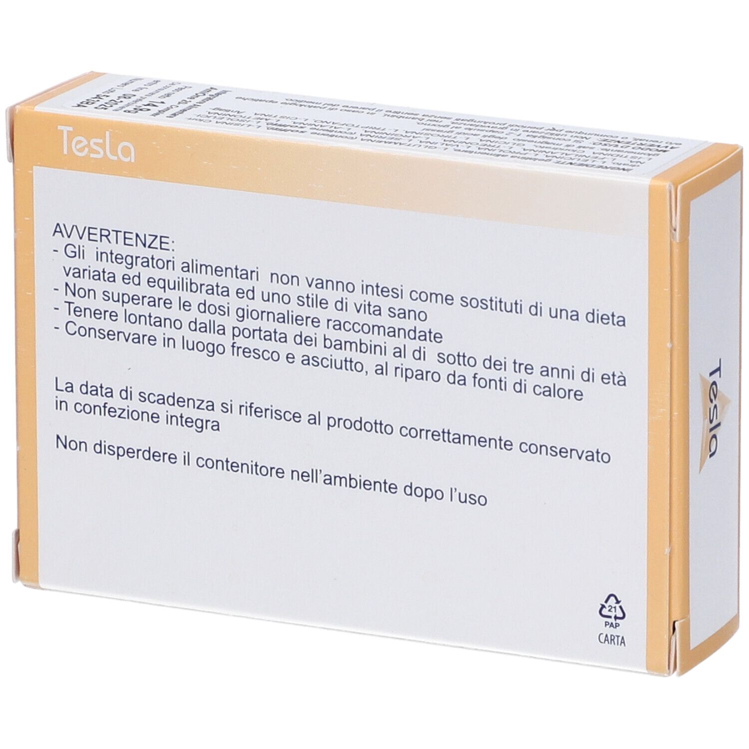 Retro della confezione Amione 20-Complex. Contiene avvertenze e informazioni sul riciclaggio. Marchio Tesla.