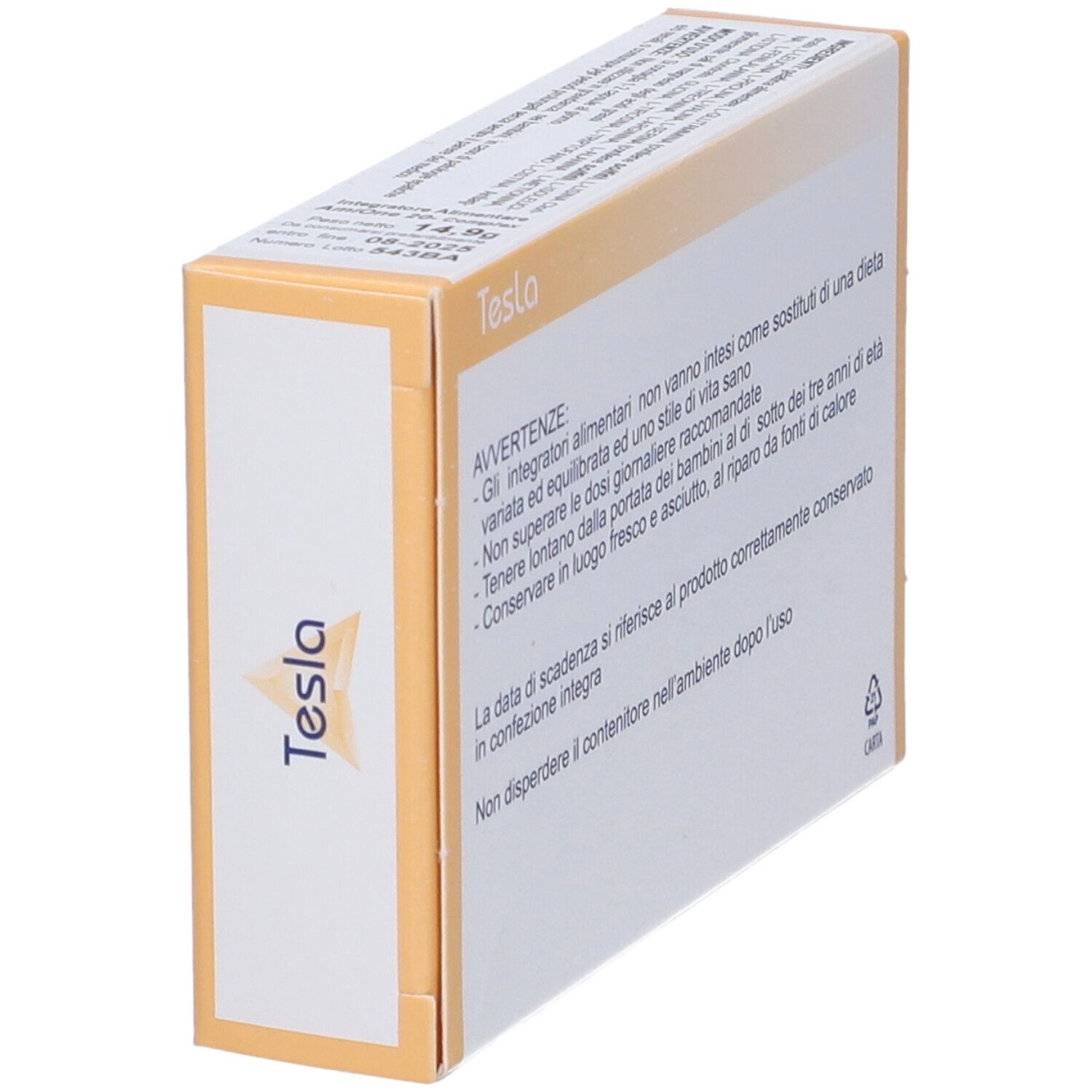 Vista obliqua del retro della confezione Amione 20-Complex. Contiene avvertenze. Marchio Tesla.
