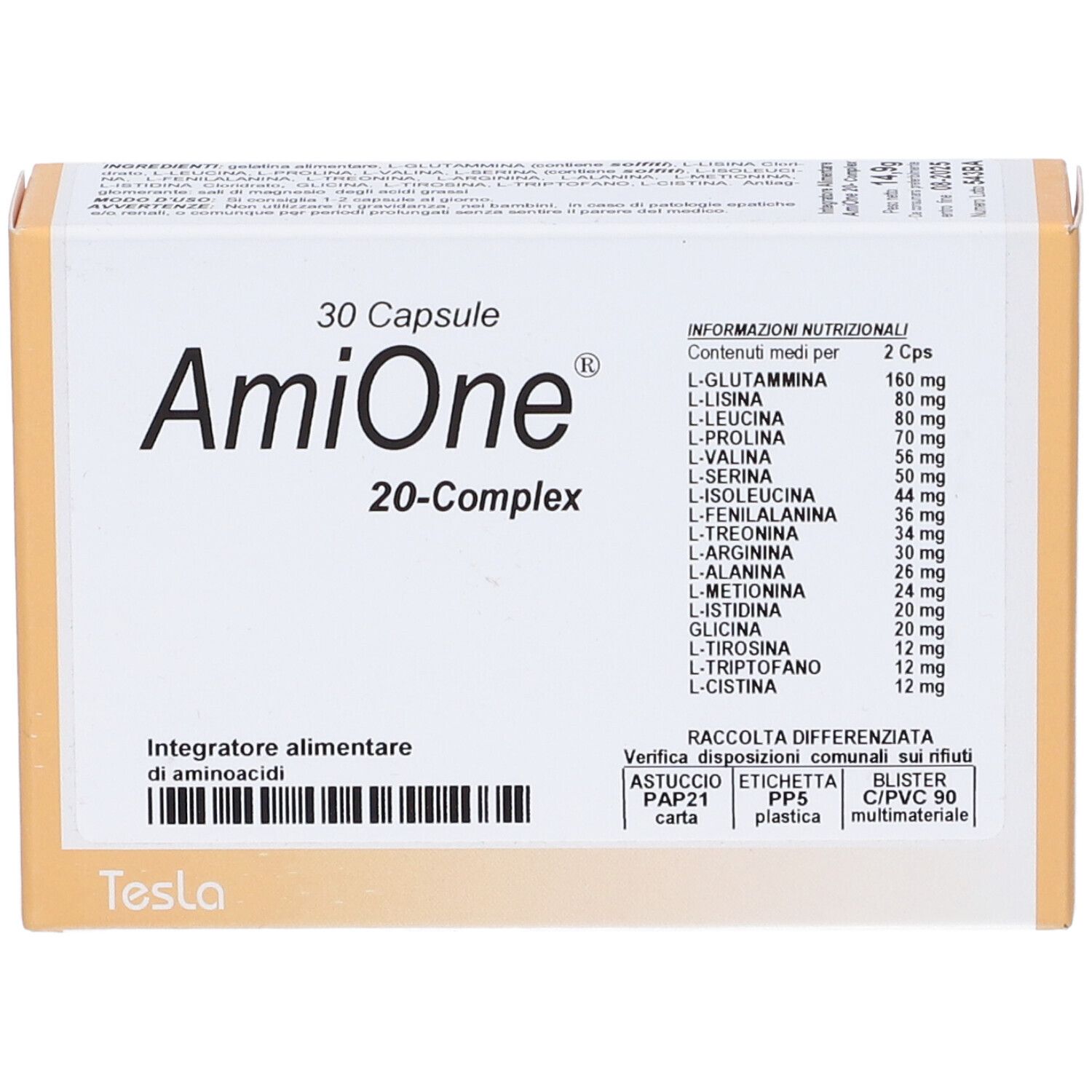 Vista frontale della confezione Amione 20-Complex. Contiene 30 capsule. Marchio Tesla.