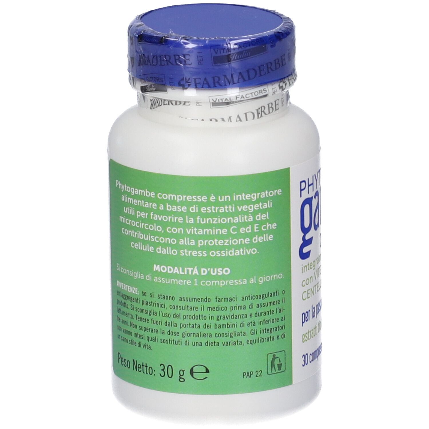 Phytogambe 30 compresse: contenitore bianco con tappo blu, retro con informazioni prodotto e modalità d'uso.