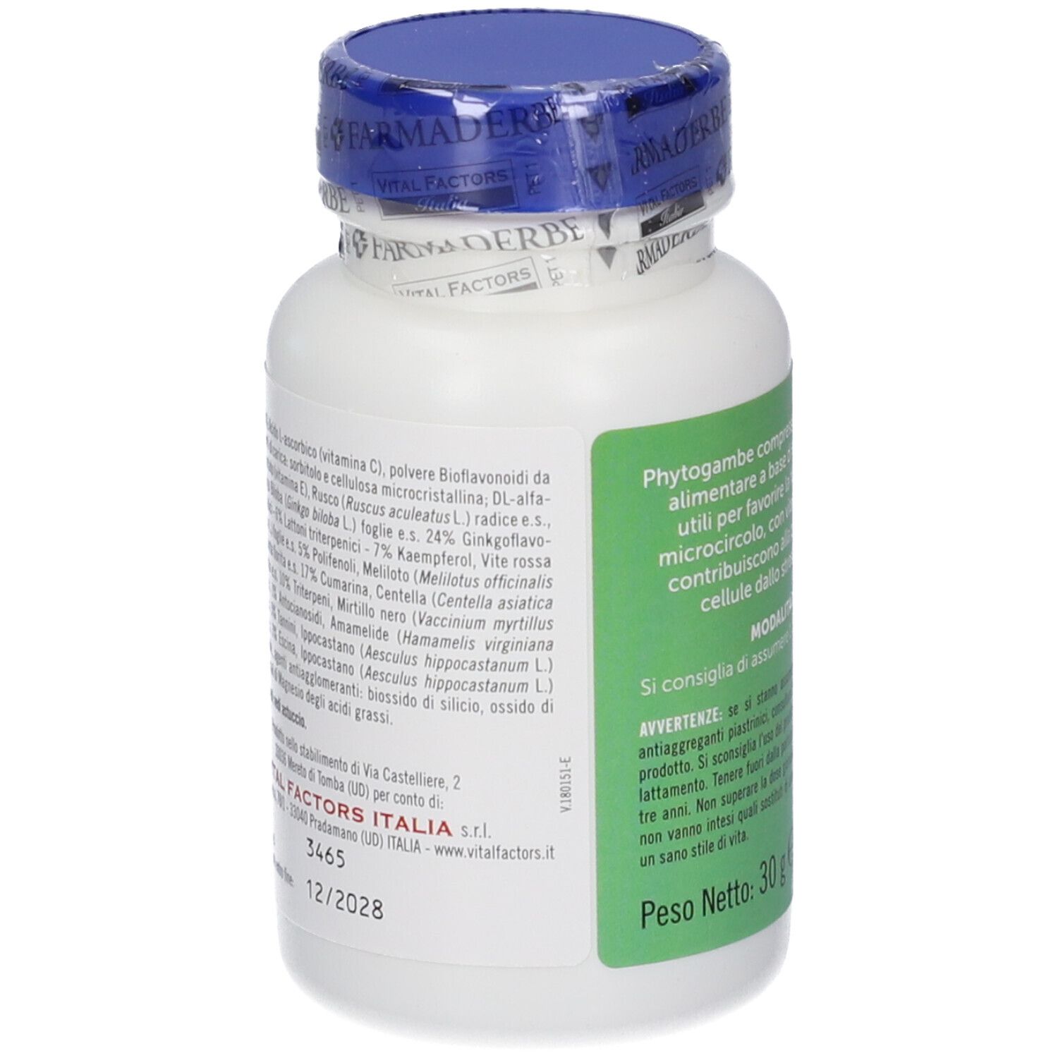 Phytogambe 30 compresse: contenitore bianco con tappo blu, lato con elenco dettagliato degli ingredienti.