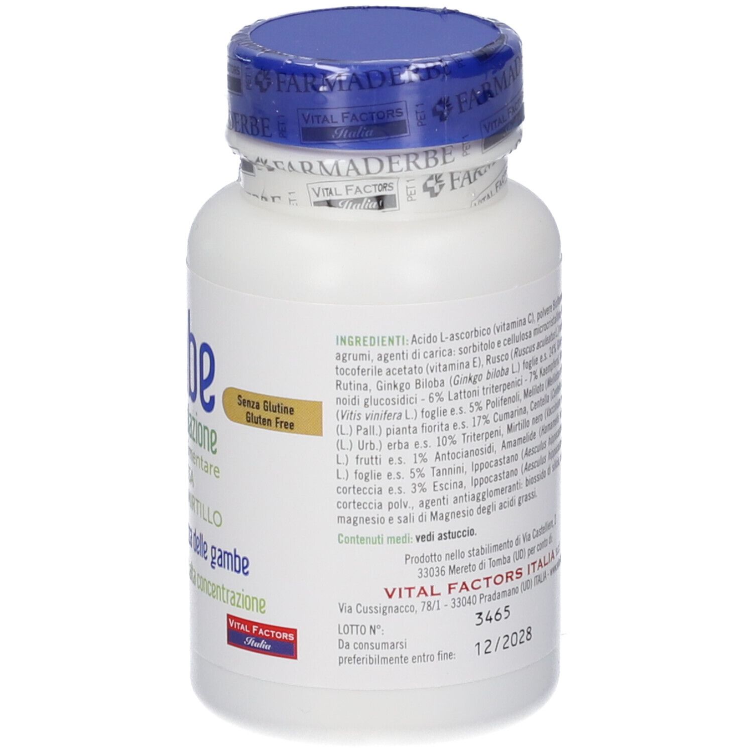 Phytogambe 30 compresse: contenitore bianco con tappo blu, lato con ingredienti e informazioni del produttore.