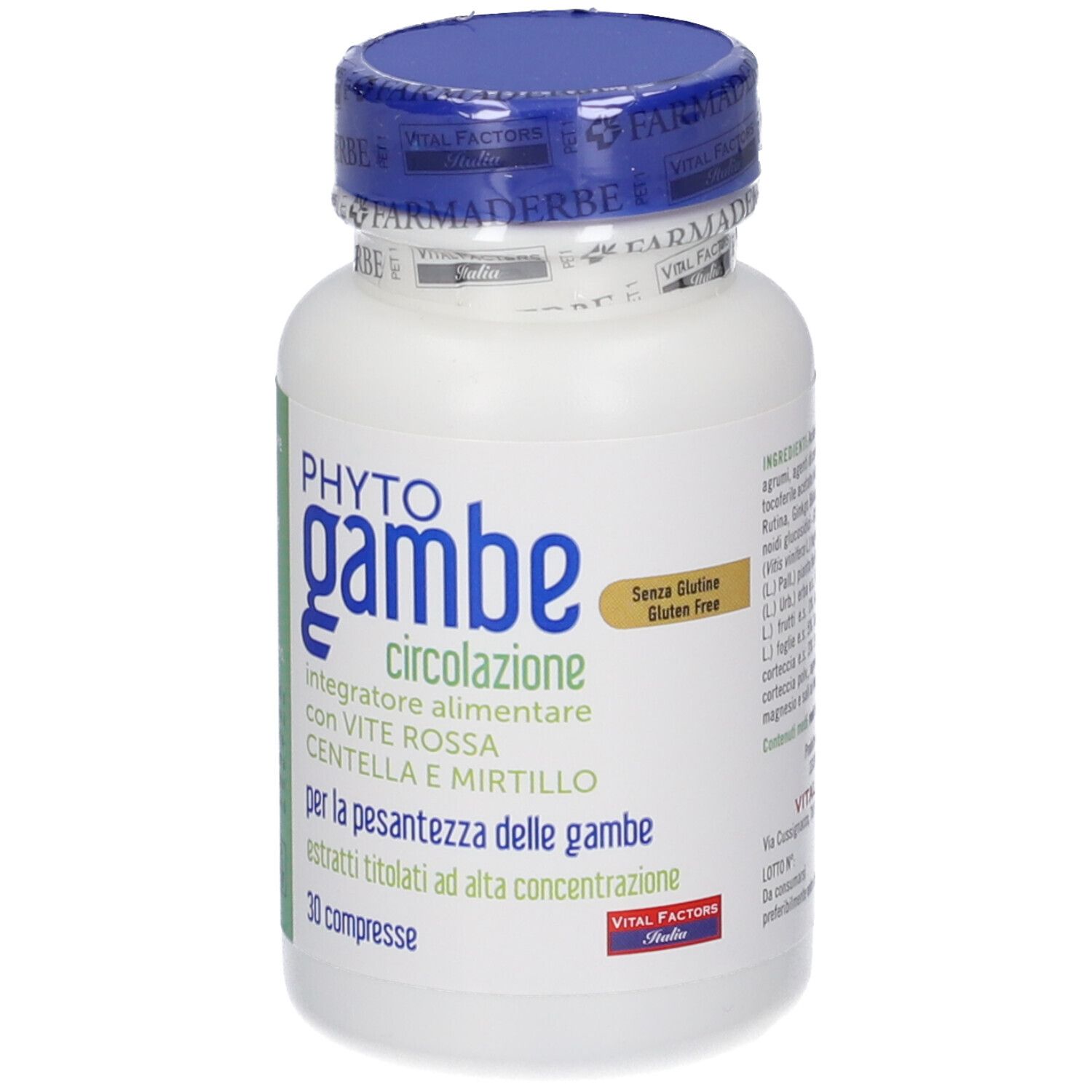 Phytogambe 30 compresse: contenitore bianco con tappo blu, fronte con nome prodotto e dicitura 'Senza Glutine'.