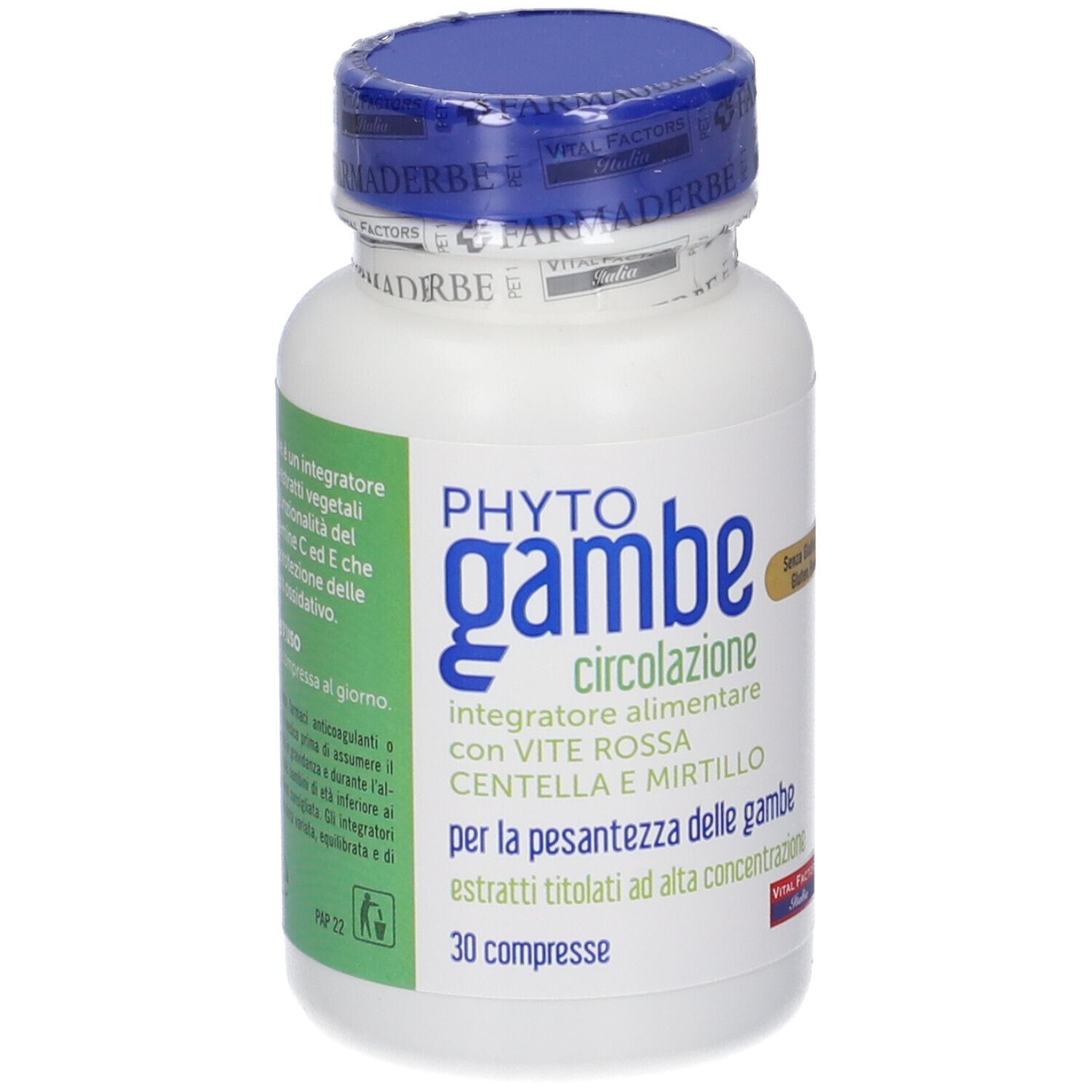 Phytogambe 30 compresse: contenitore bianco con tappo blu, fronte con nome prodotto e dicitura 'Senza Glutine'.