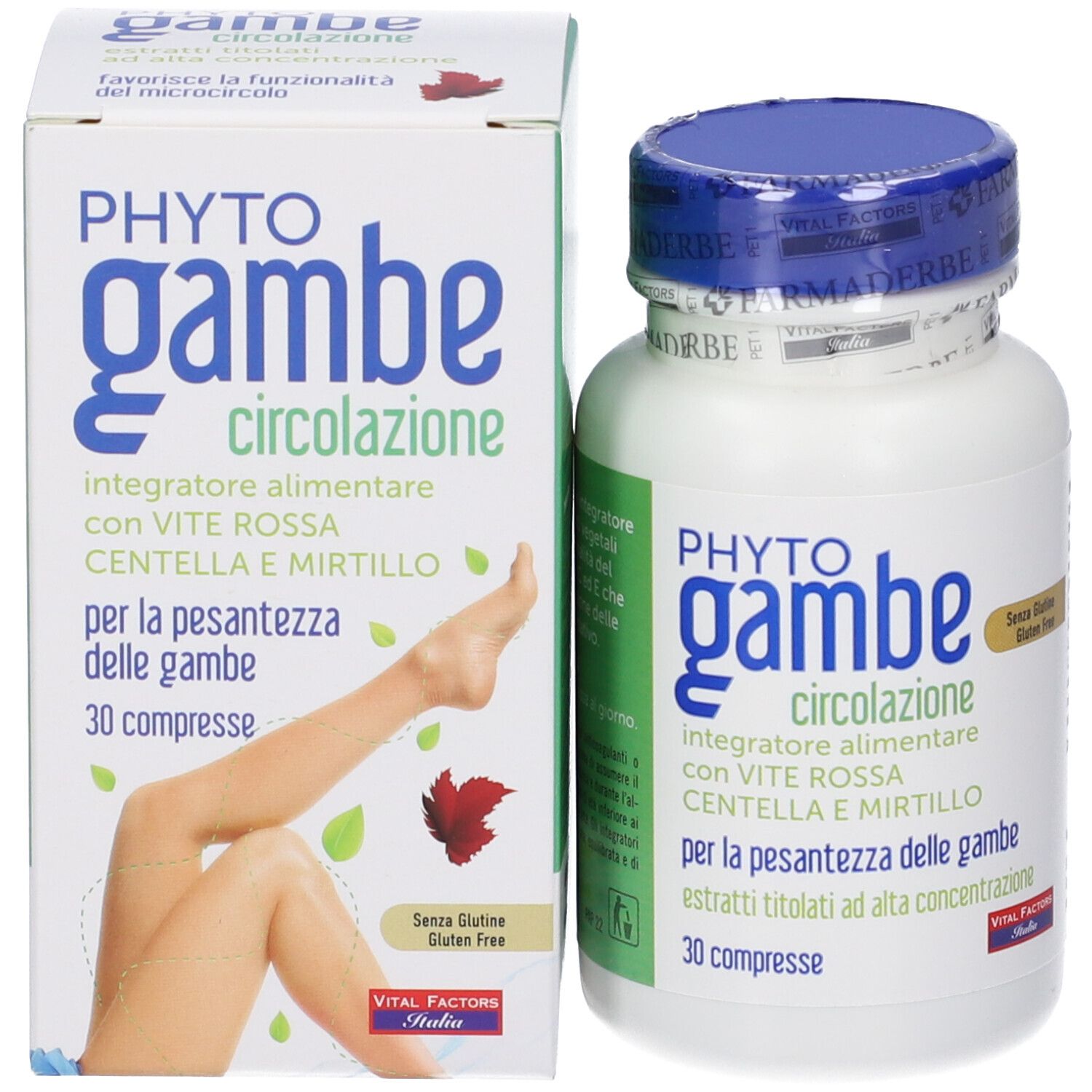 Phytogambe 30 compresse: contenitore bianco e scatola in cartone affiancati, entrambi con informazioni prodotto.
