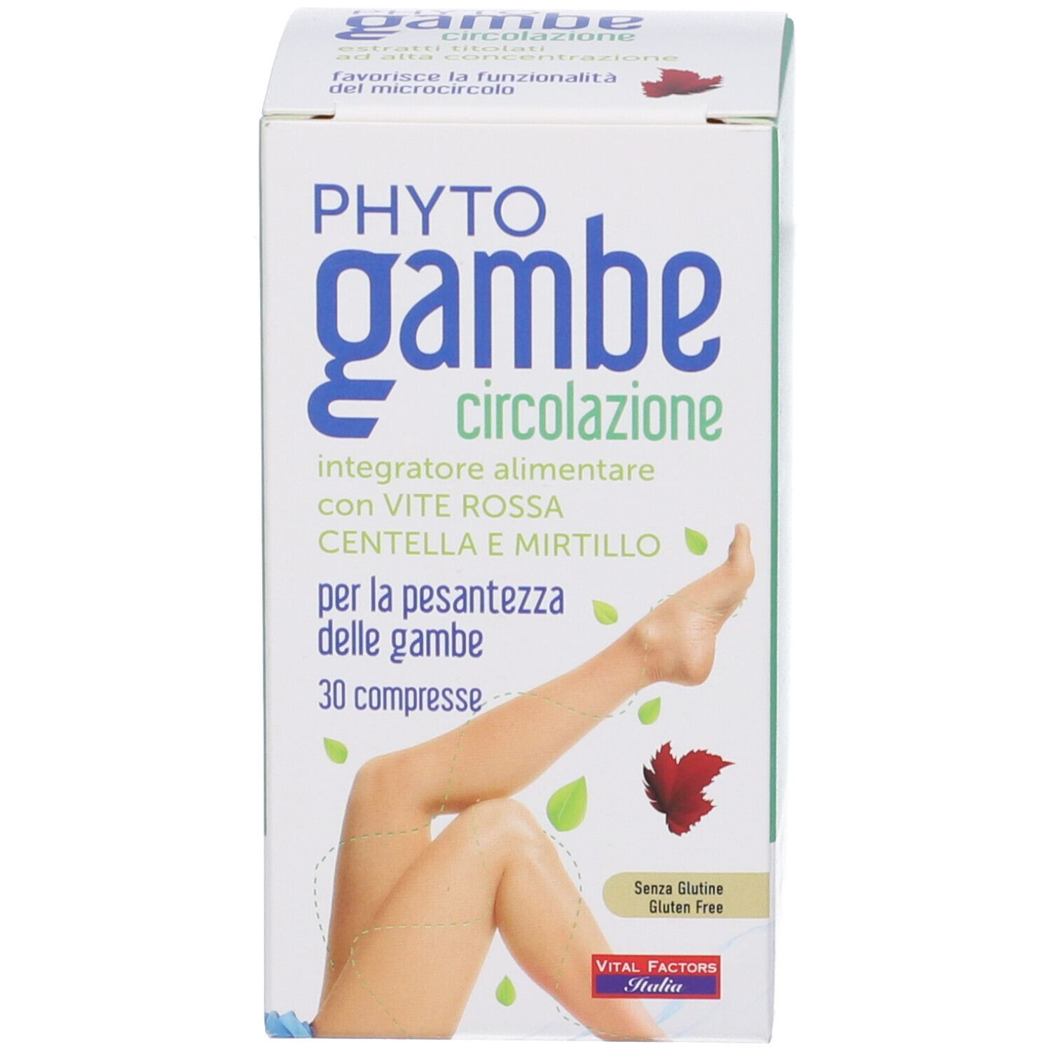 Phytogambe 30 compresse: scatola in cartone con illustrazione di gambe, fronte con informazioni prodotto.